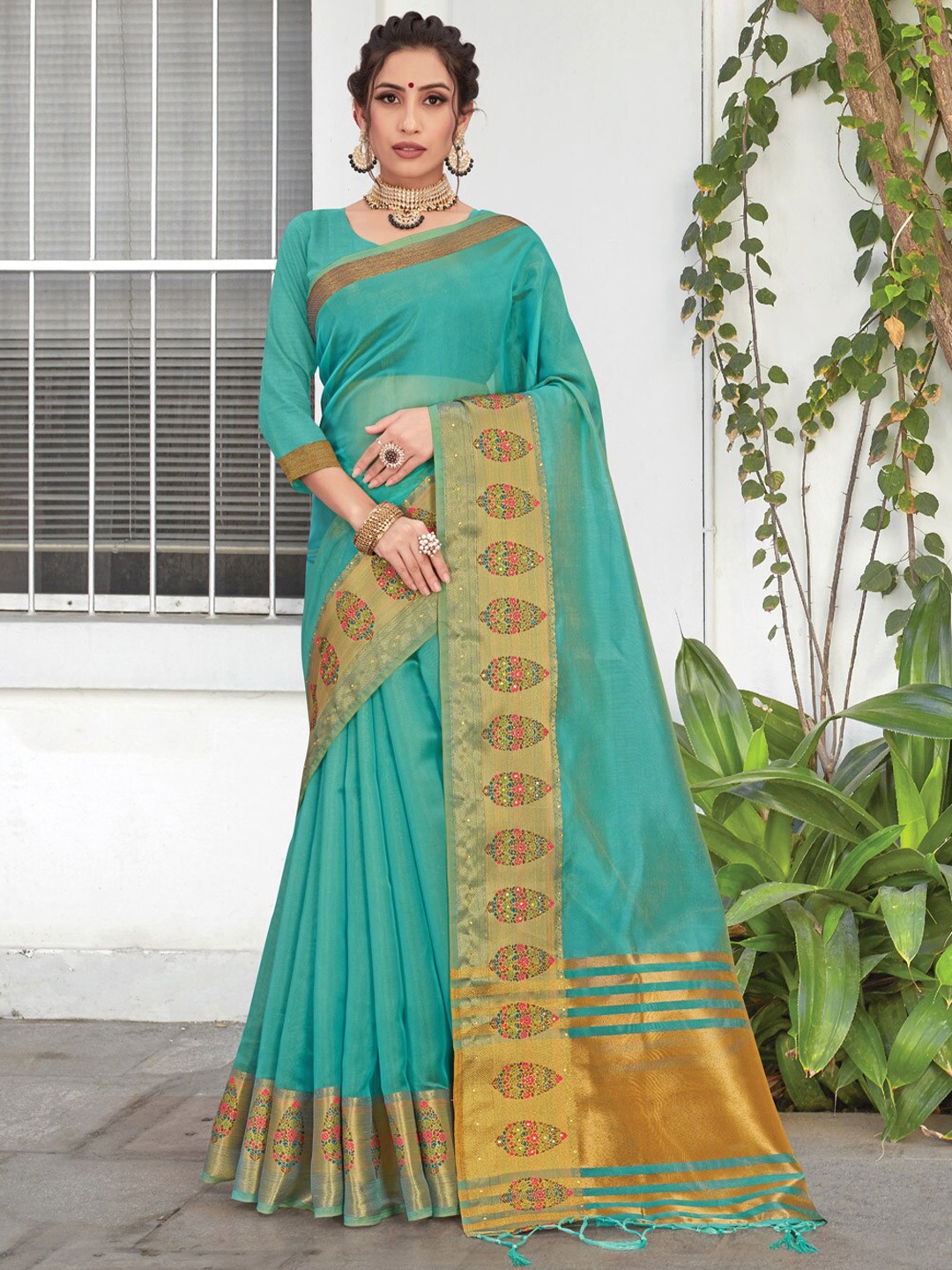 

SANGAM PRINTS Floral Zari Organza Saree, Blue