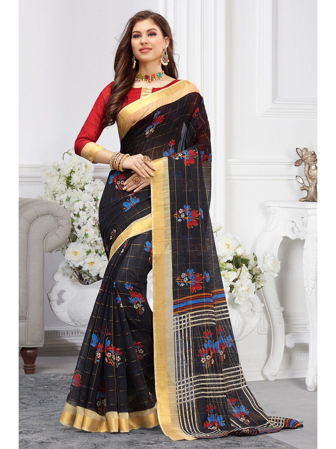 

SANGAM PRINTS Floral Ready to Wear Saree, Black