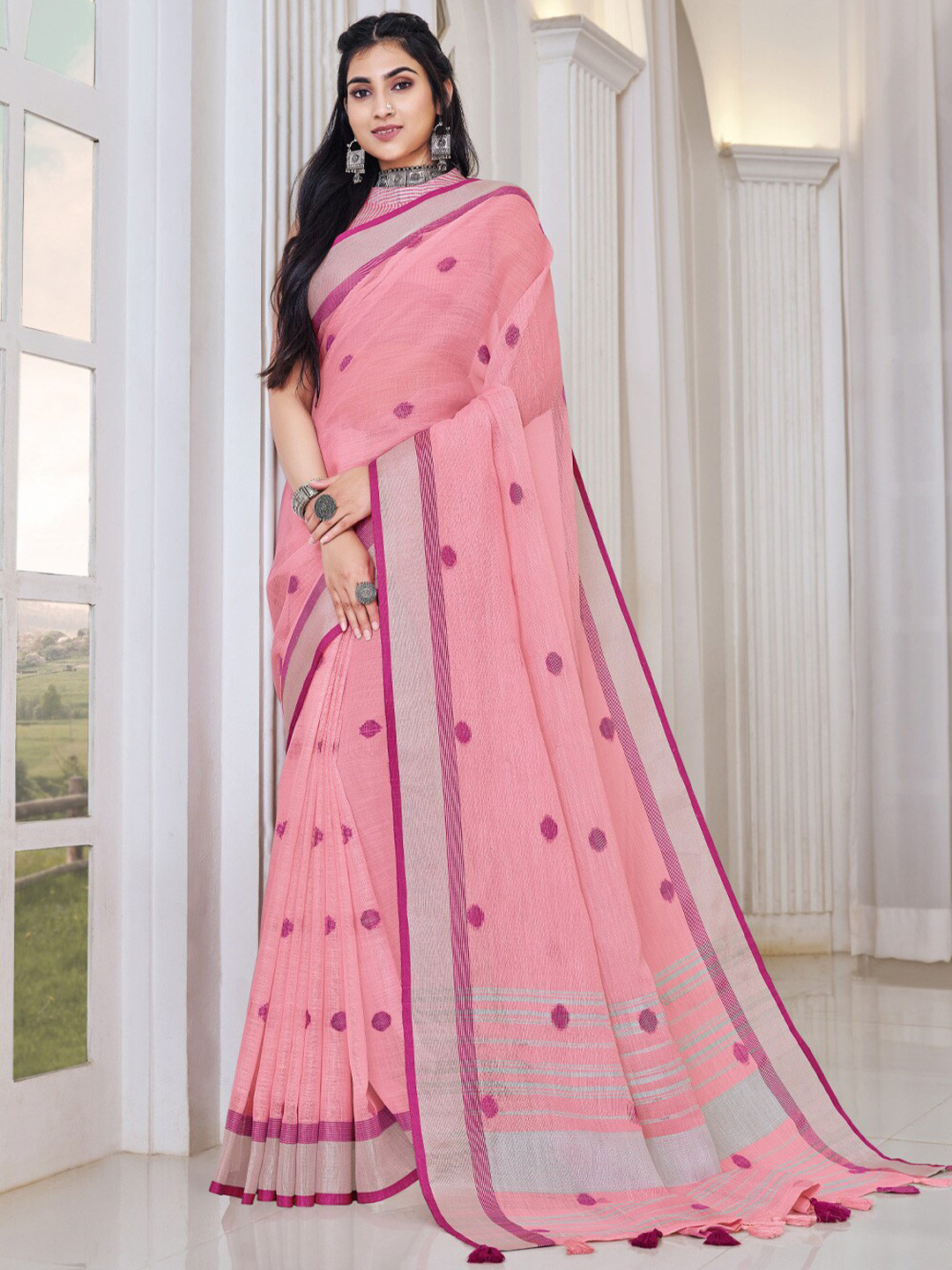 

SANGAM PRINTS Woven Design Zari Linen Blend Saree, Pink