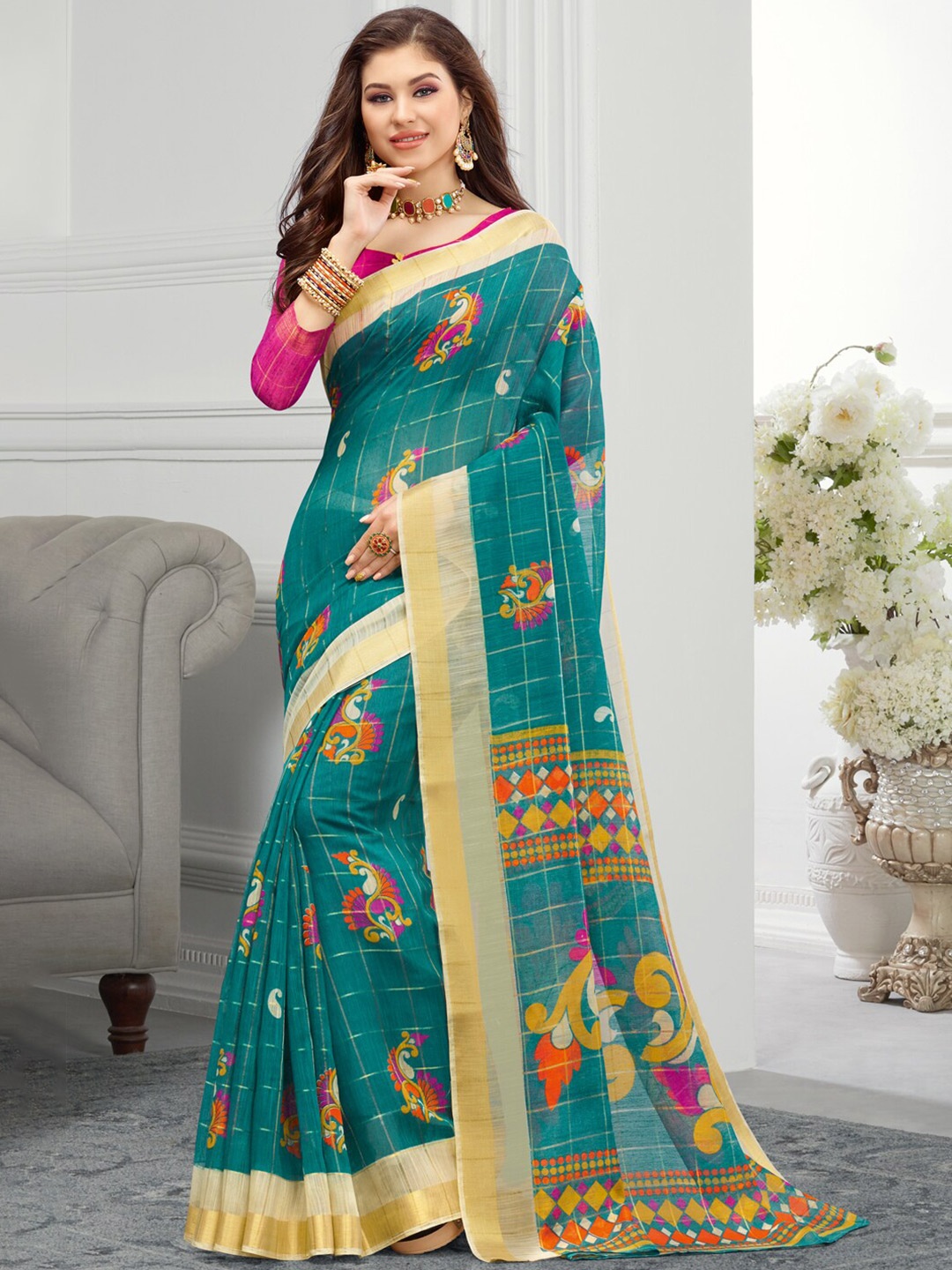 

SANGAM PRINTS Floral Zari Saree, Blue