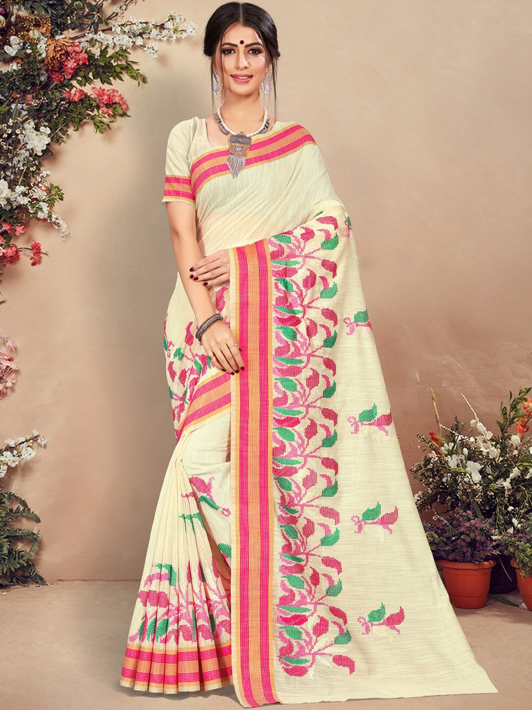 

SANGAM PRINTS Floral Embroidered Saree, White