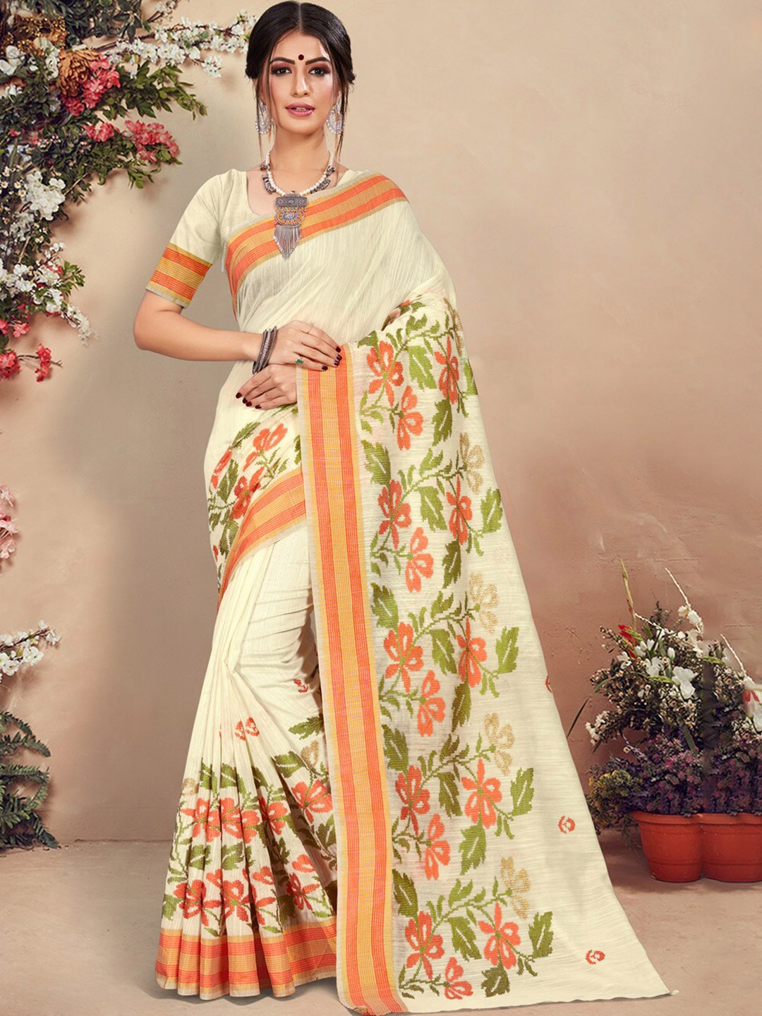 

SANGAM PRINTS Woven Design Saree, Off white