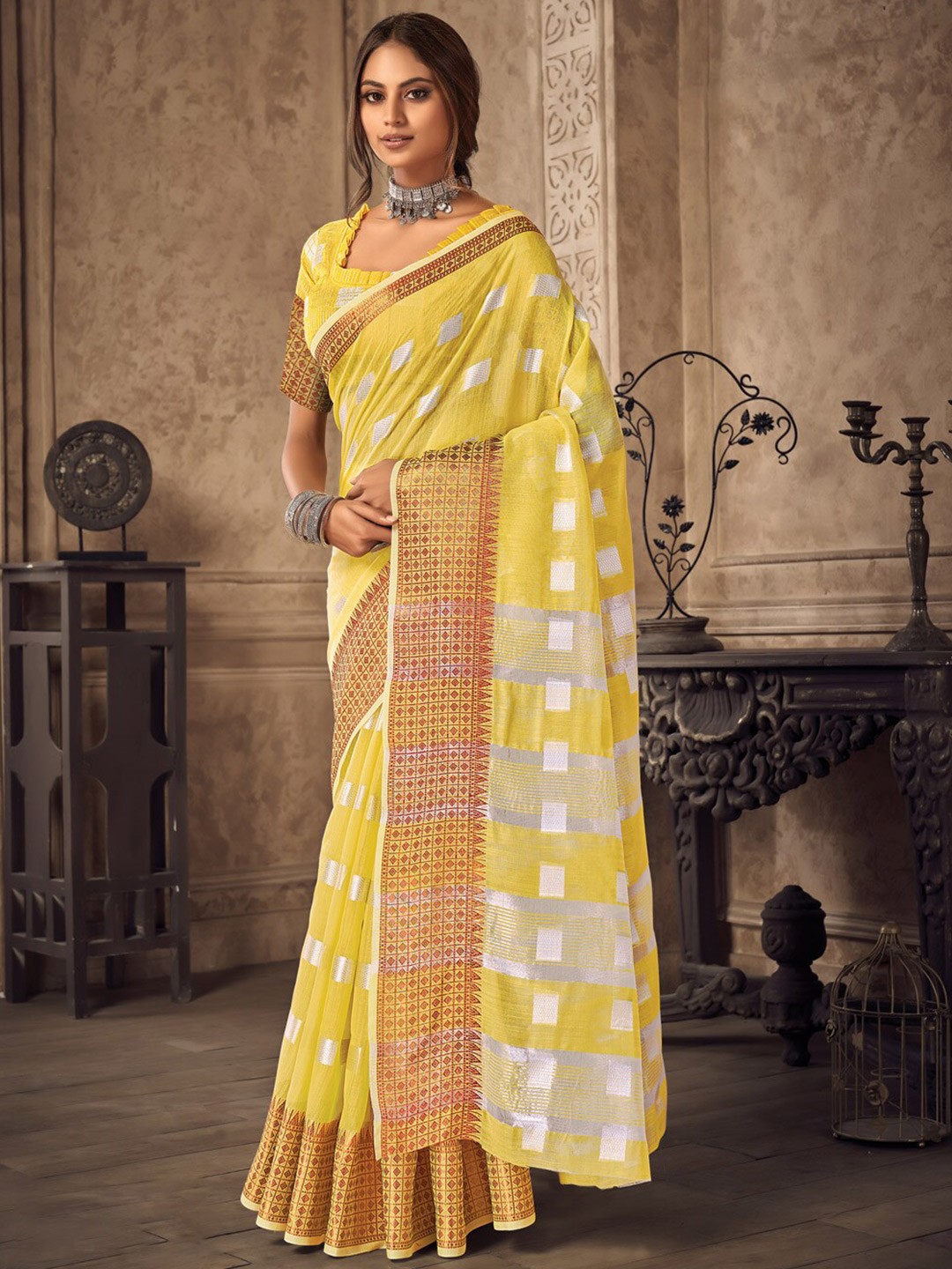 

SANGAM PRINTS Woven Design Zari Linen Blend Saree, Yellow