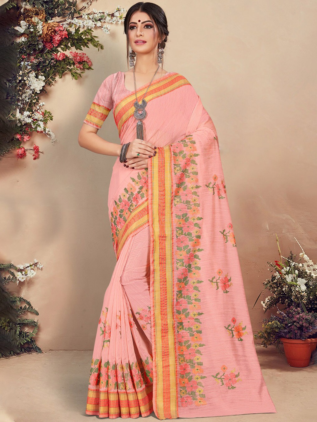 

SANGAM PRINTS Woven Design Zari Saree, Peach