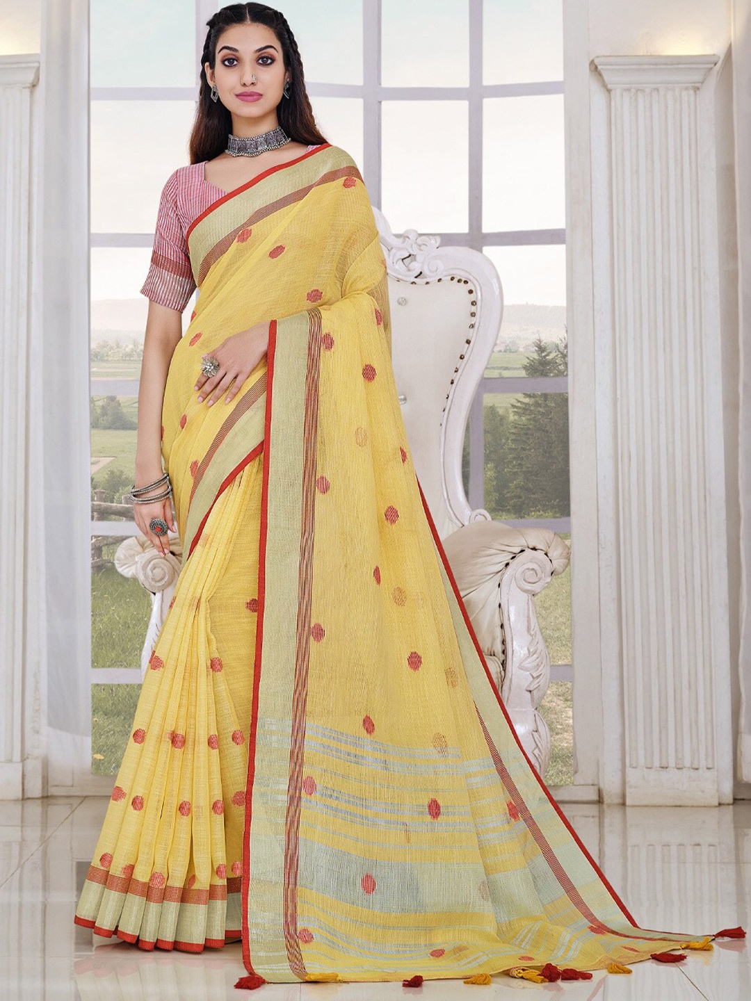 

SANGAM PRINTS Woven Design Linen Blend Saree, Yellow