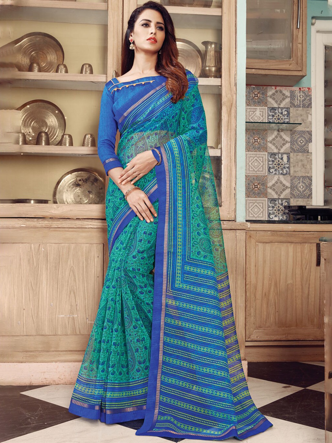 

SANGAM PRINTS Ethnic Motifs Saree, Turquoise blue