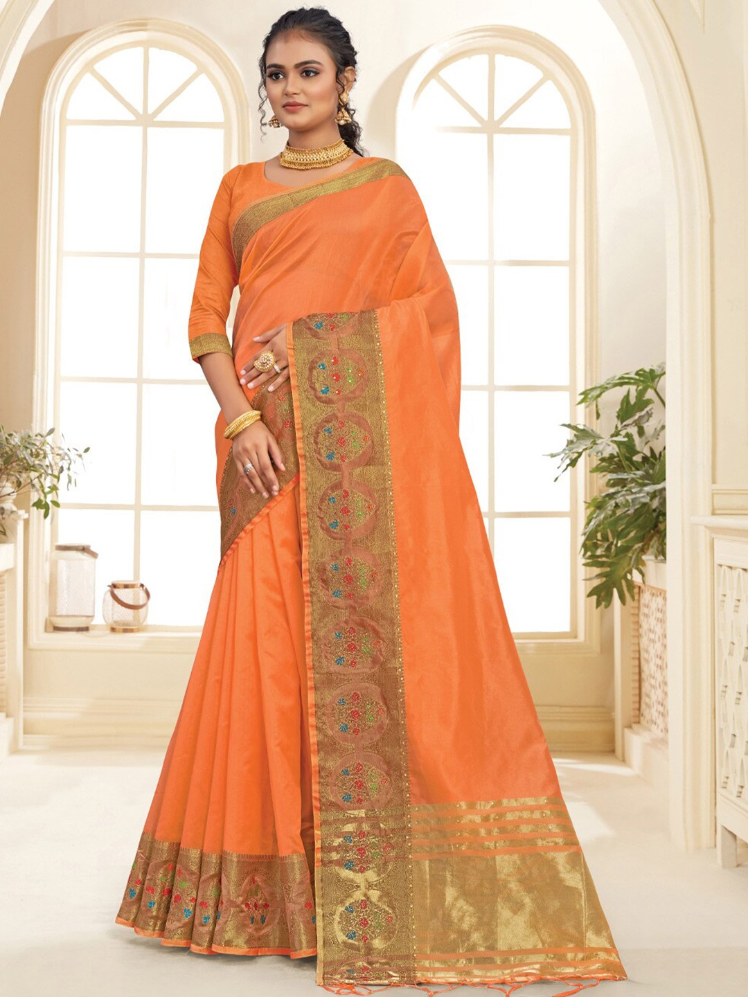

SANGAM PRINTS Orange & Green Zari Organza Saree