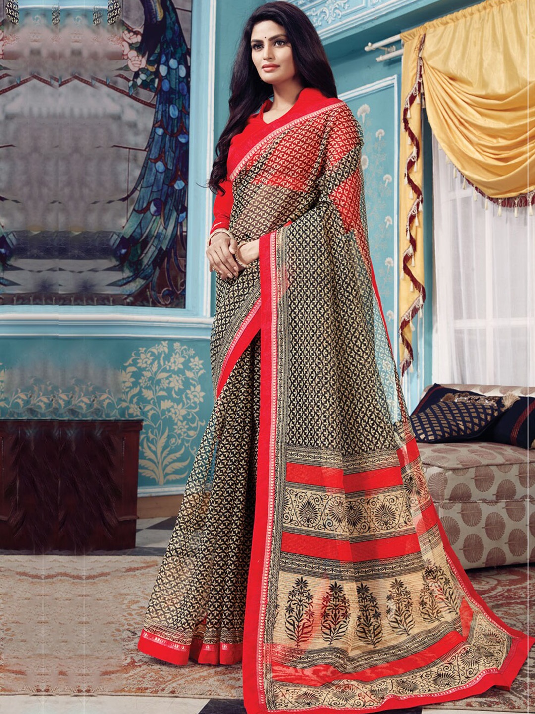 

SANGAM PRINTS Ethnic Motifs Printed Saree, Black