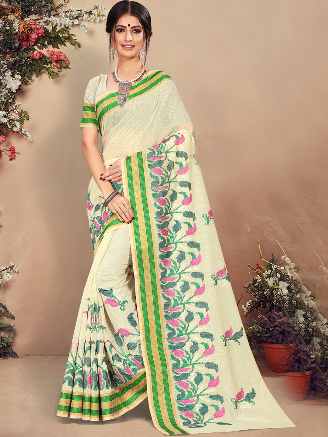 

SANGAM PRINTS Floral Embroidered Saree, Beige