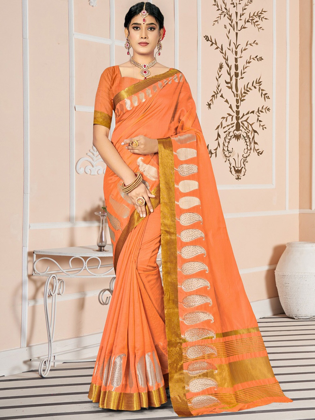 

SANGAM PRINTS Woven Design Zari Saree, Orange