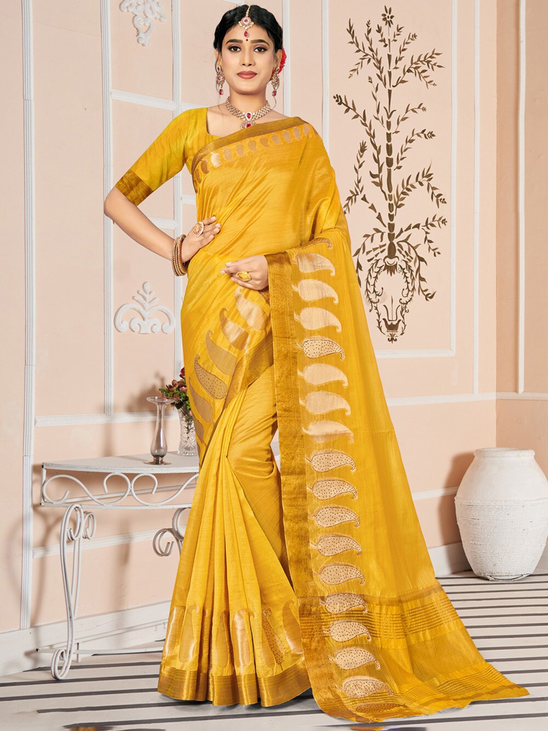 

SANGAM PRINTS Woven Design Zari Saree, Yellow