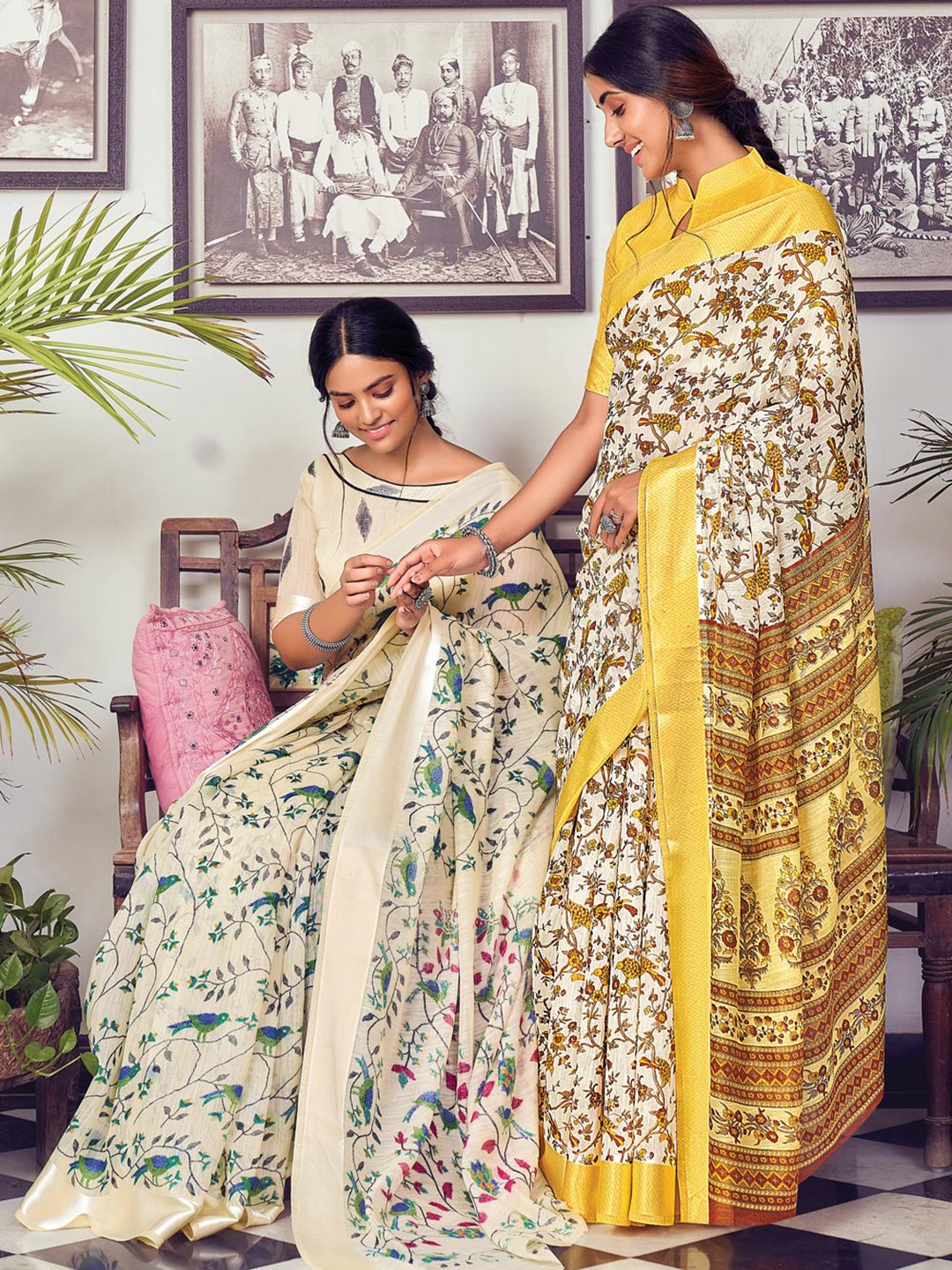 

SANGAM PRINTS Floral Ready to Wear Saree, White