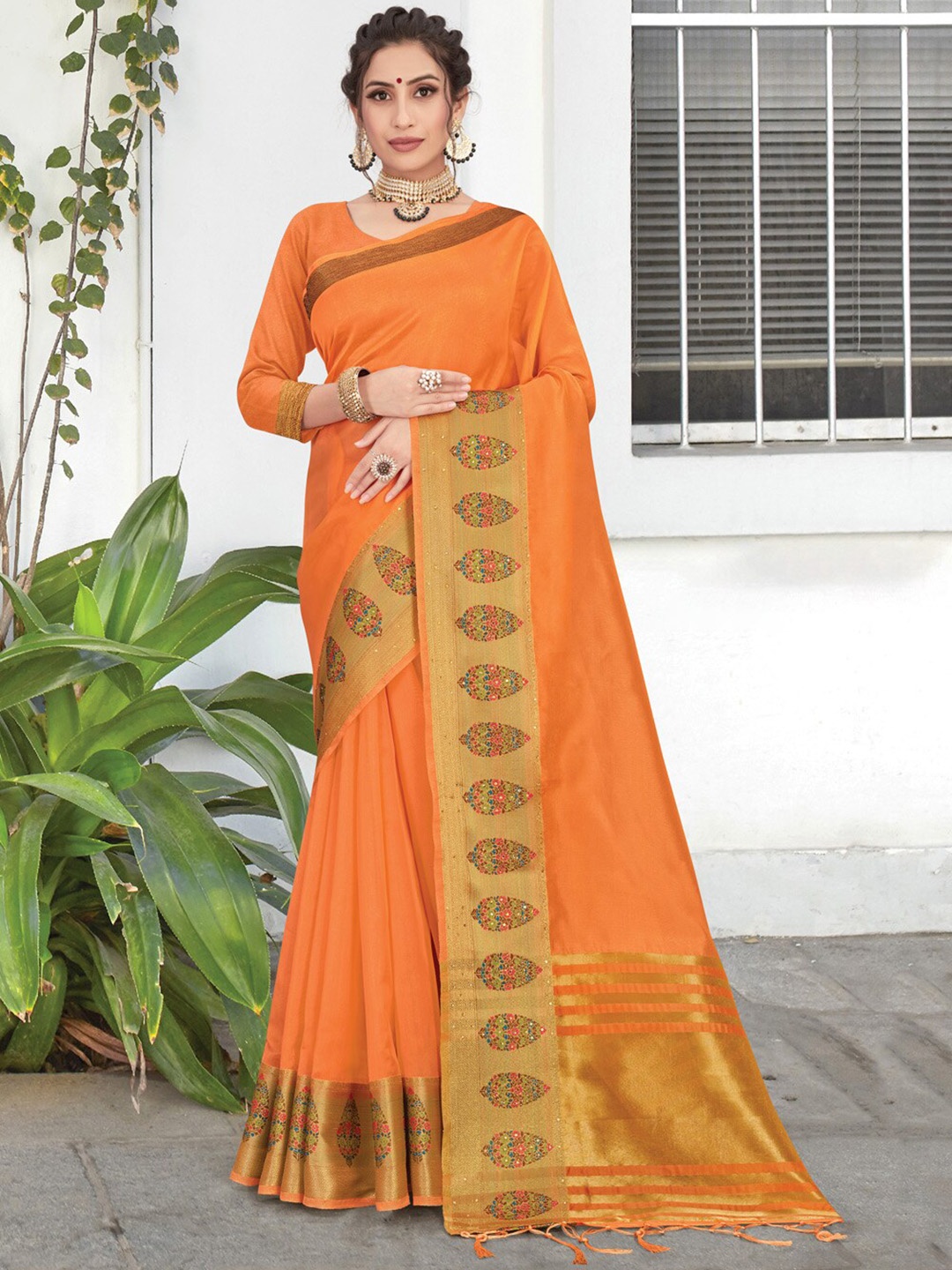

SANGAM PRINTS Zari Organza Saree, Orange