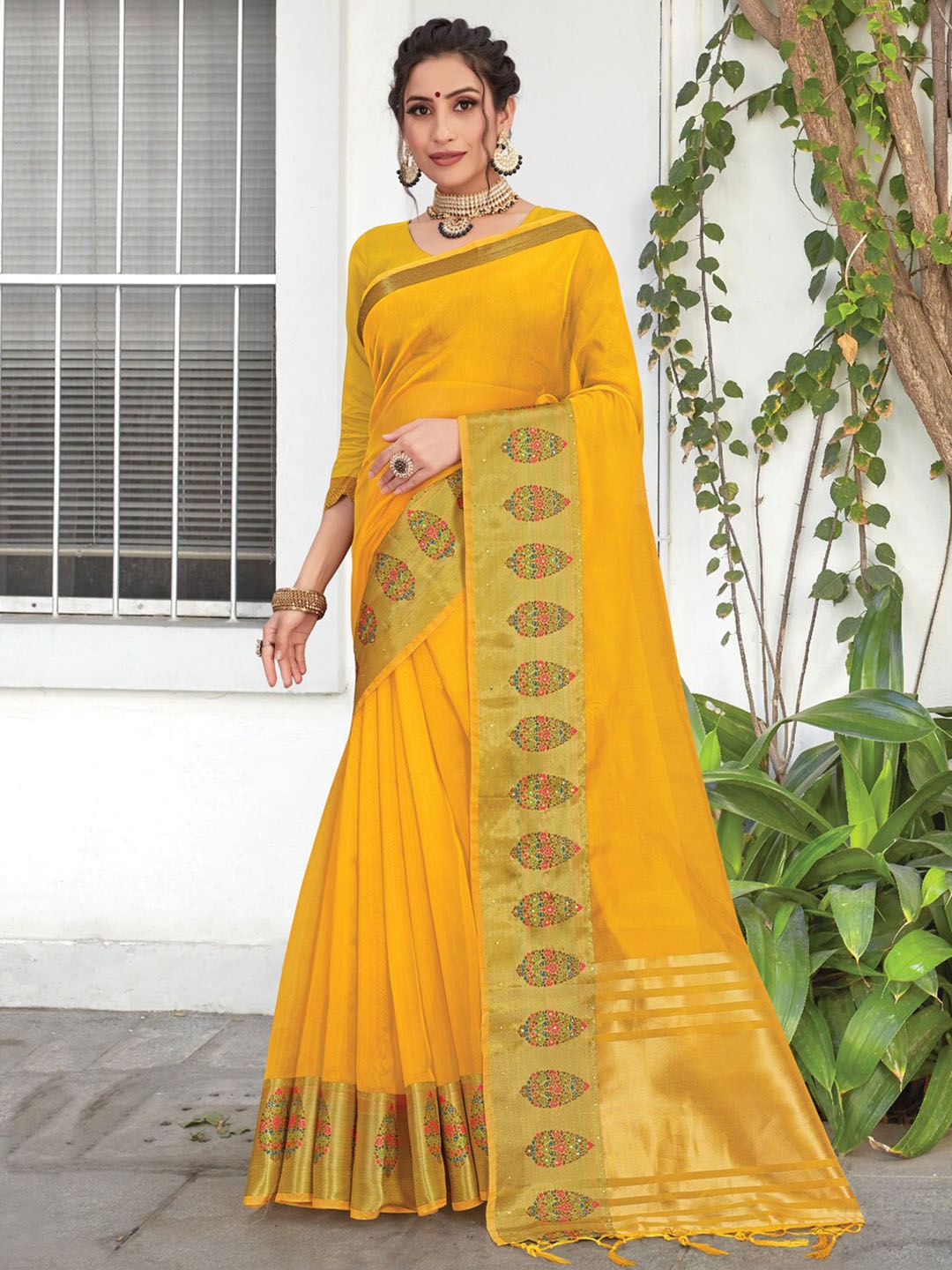 

SANGAM PRINTS Zari Organza Saree, Yellow