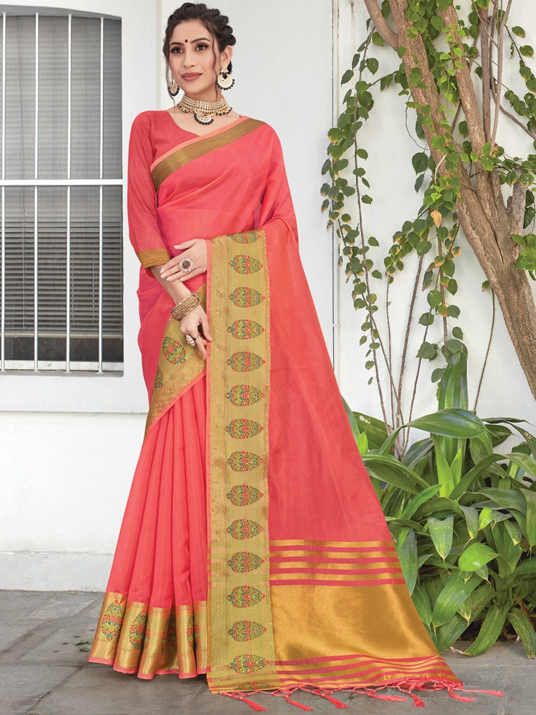 

SANGAM PRINTS Organza Ready to Wear Saree, Pink