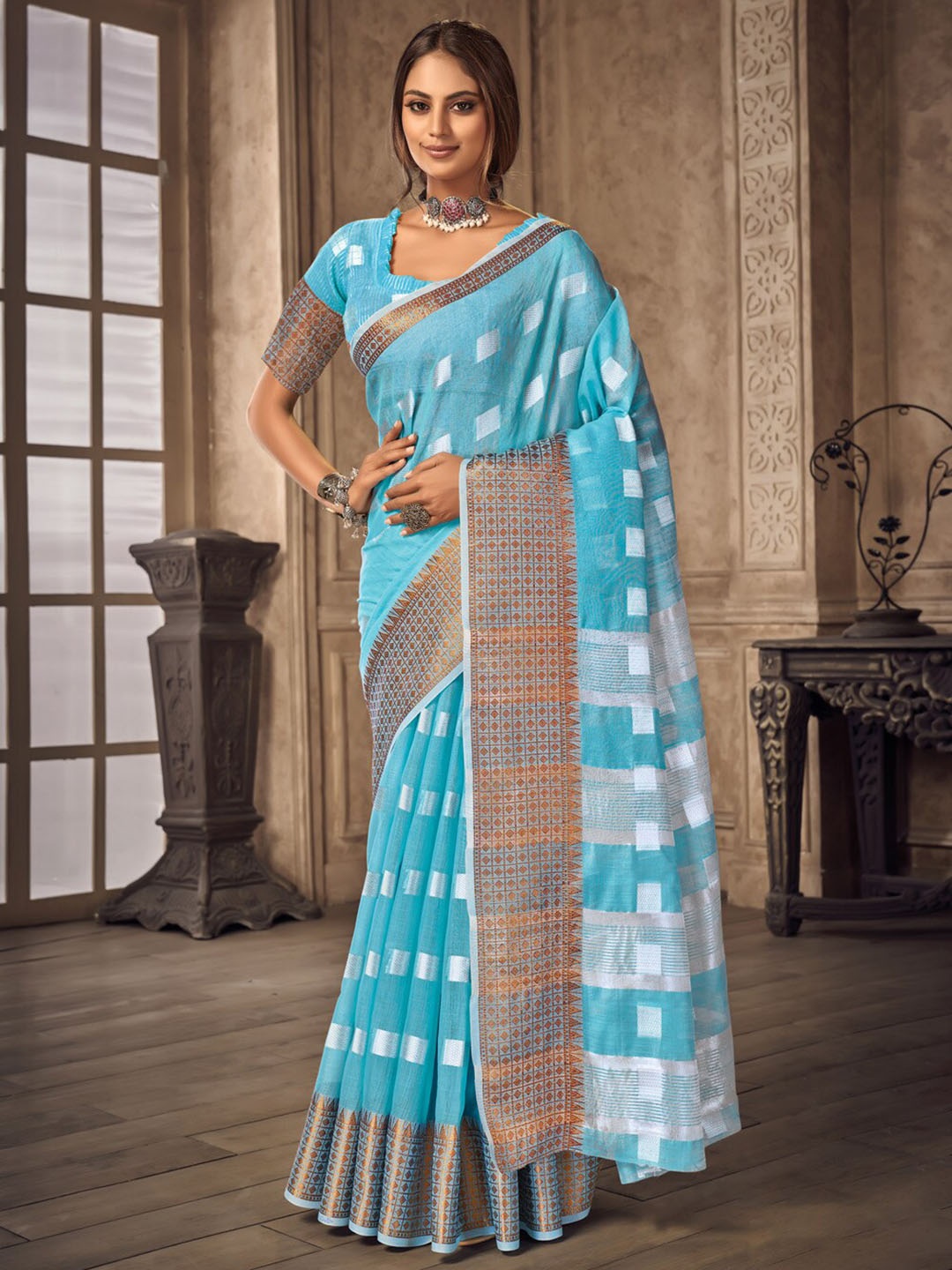 

SANGAM PRINTS Woven Design Zari Linen Blend Saree, Blue