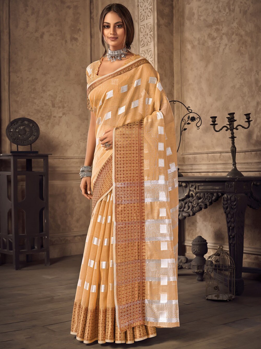 

SANGAM PRINTS Woven Design Zari Linen Blend Saree, Cream