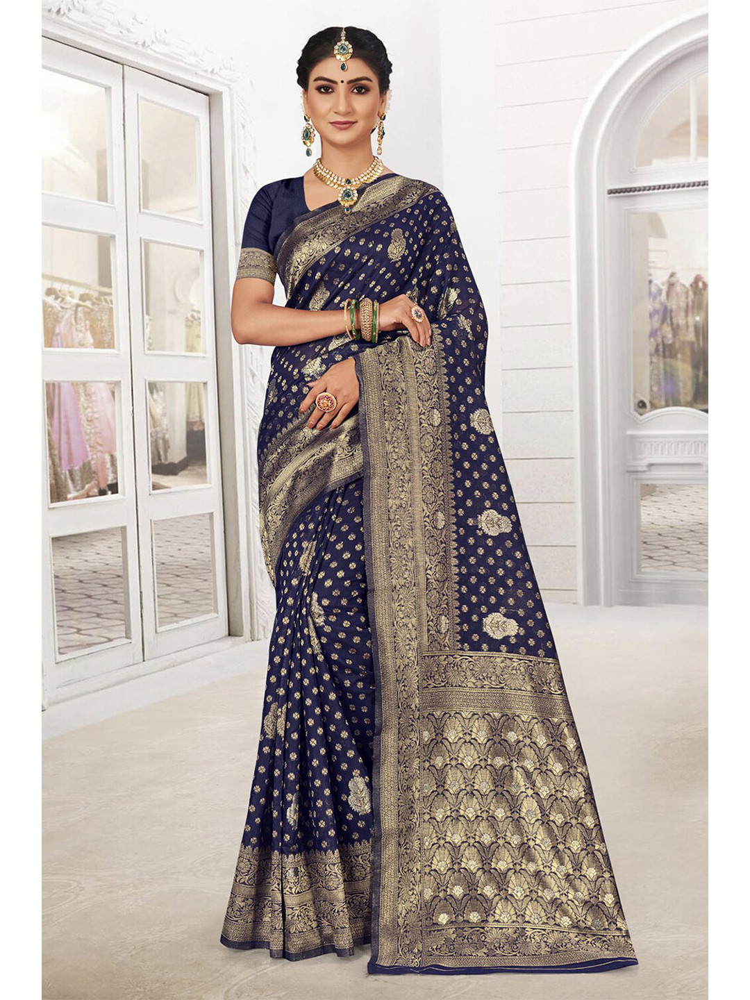 

SANGAM PRINTS Woven Design Zari Silk Blend Saree, Navy blue