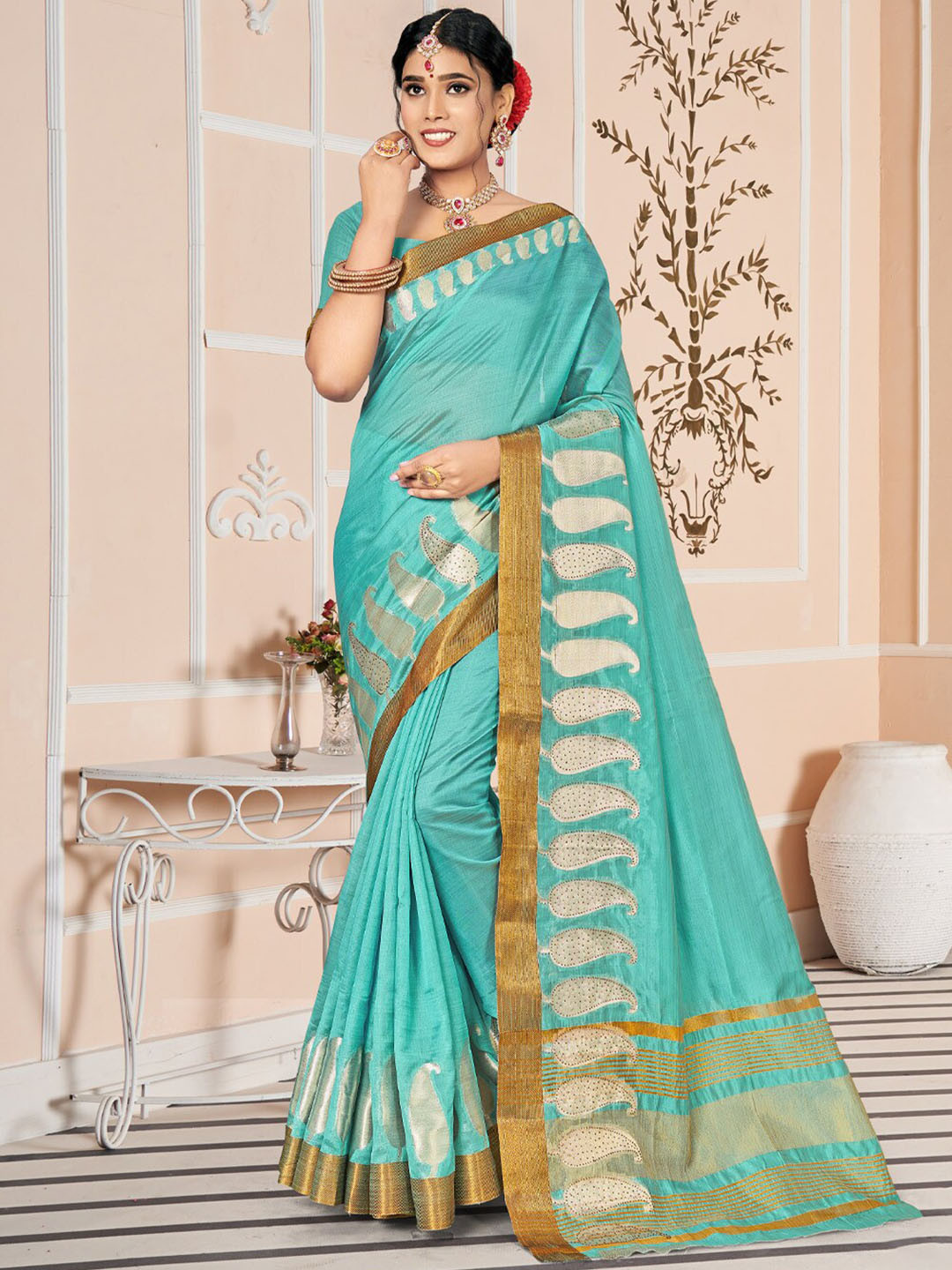 

SANGAM PRINTS Paisley Zari Saree, Blue