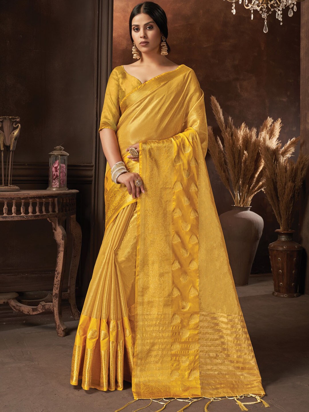 

SANGAM PRINTS Woven Design Zari Organza Saree, Yellow