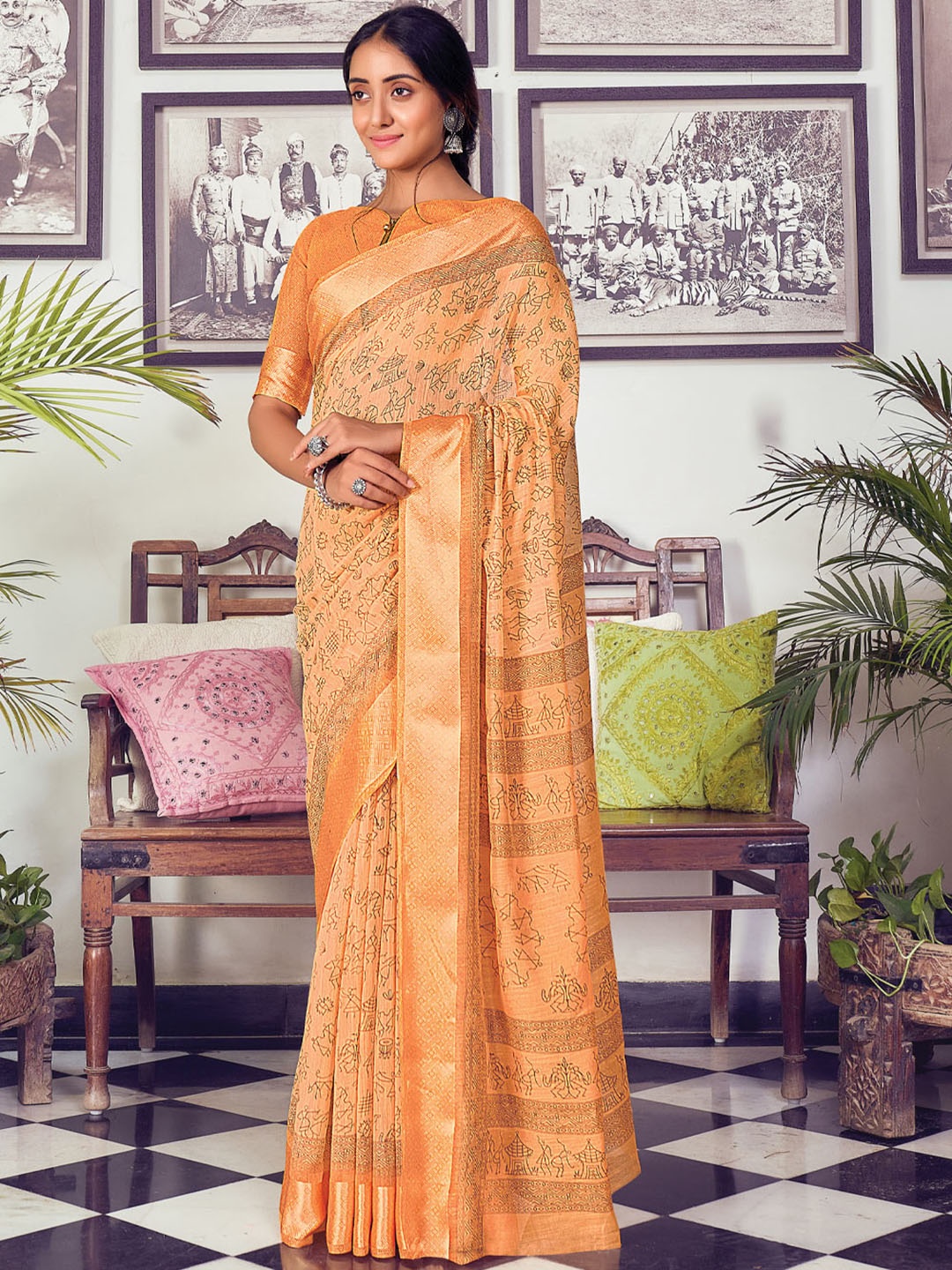 

SANGAM PRINTS Warli Zari Saree, Orange