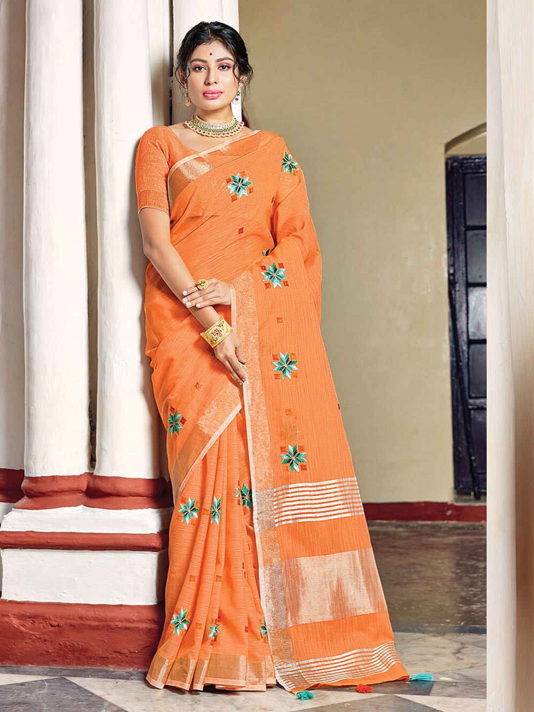 

SANGAM PRINTS Floral Embroidered Linen Blend Saree, Orange