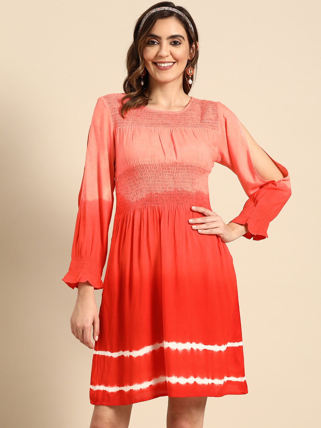 

Sangria Tie and Dye Smocked Slit Sleeves Dress, Peach