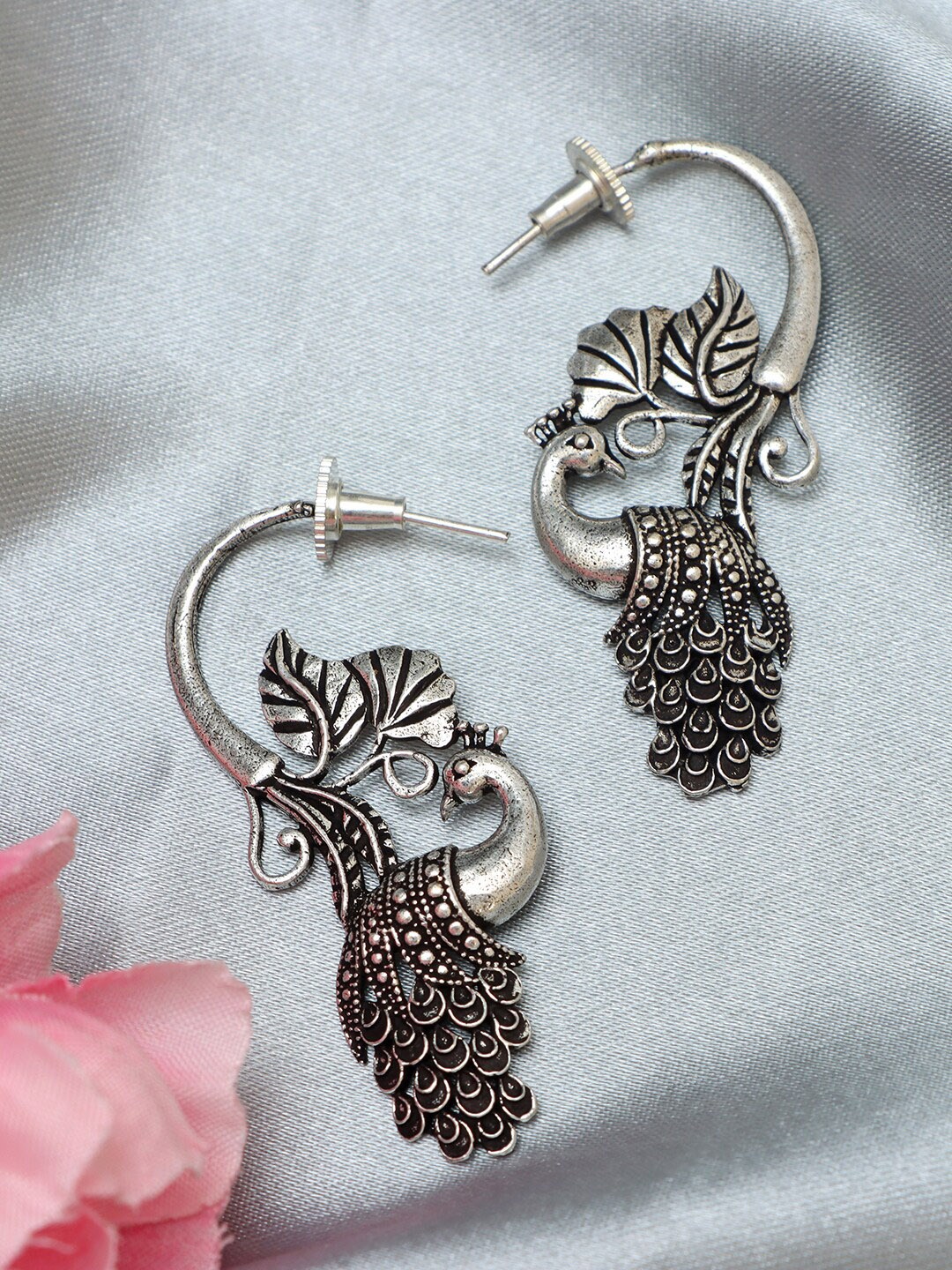 

Ozanoo Silver Plated Oxidised Peacock Shaped Drop Earrings