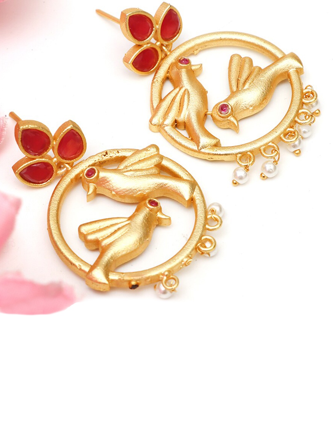 

Ozanoo Maroon & Gold-Plated Floral Drop Earrings