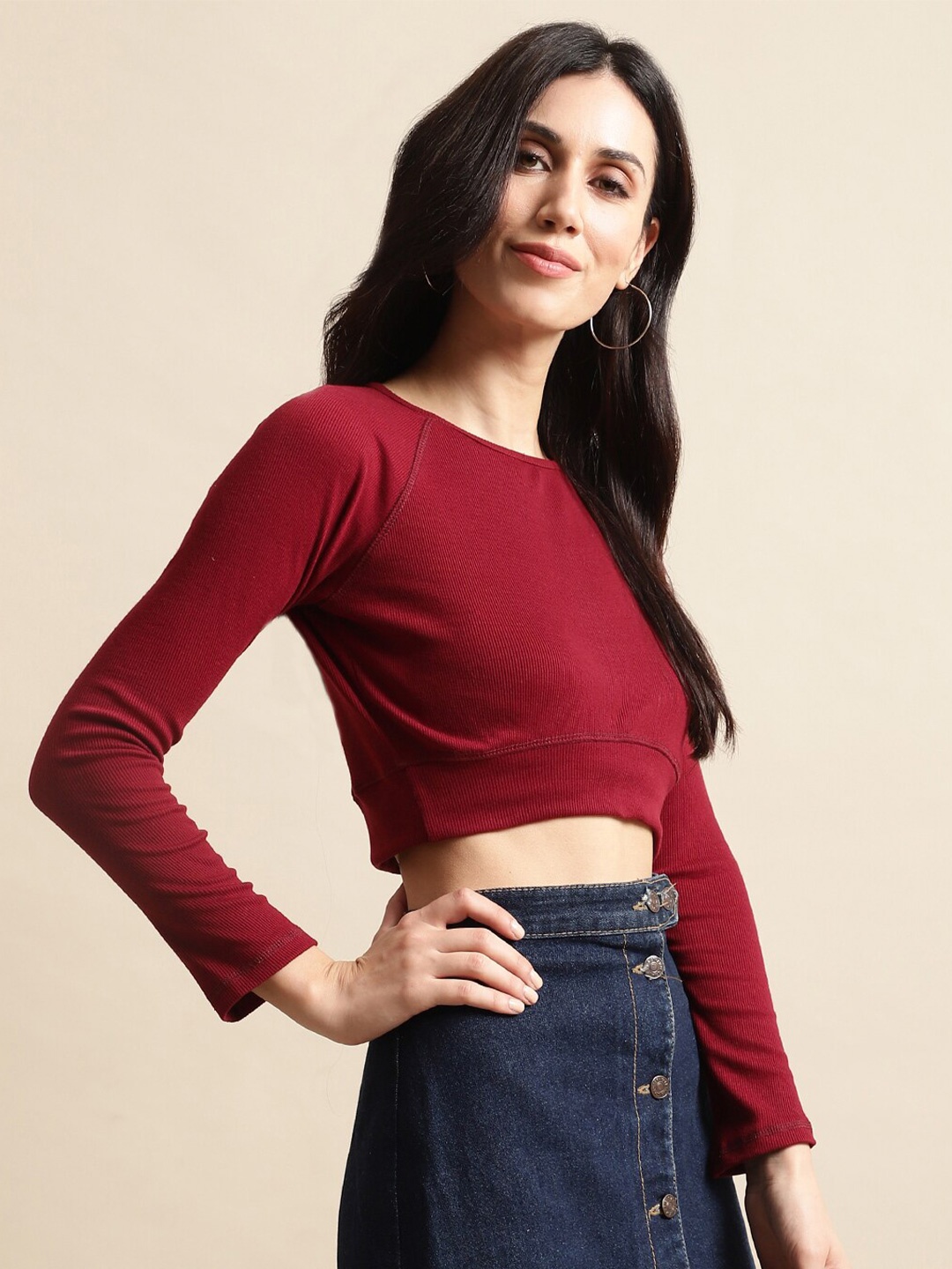 

UnaOne Ribbed Raglan sleeves Cotton Crop Top, Maroon