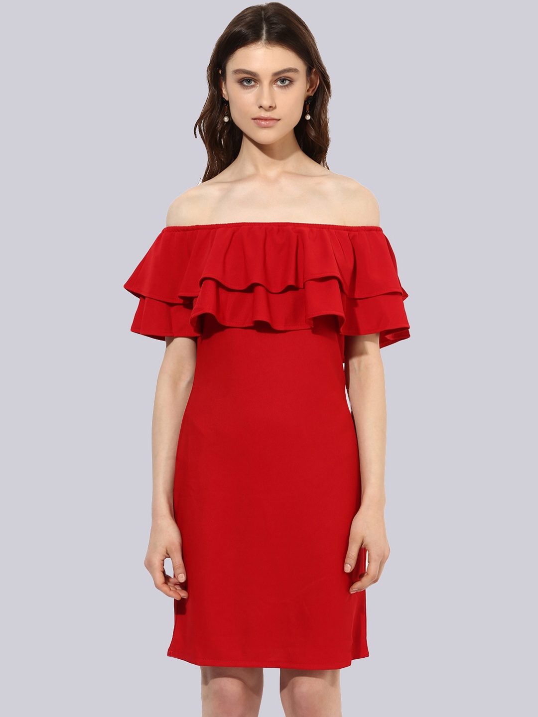 

KLEIO Off-Shoulder Layered Sheath Dress, Red