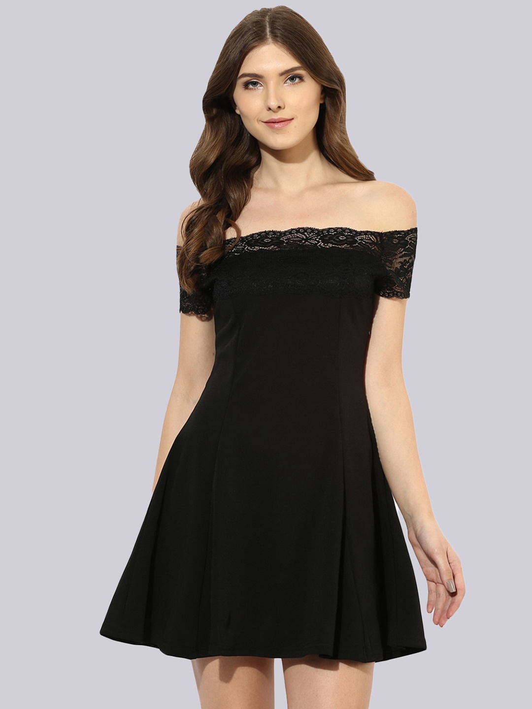 

KLEIO Off-Shoulder Lace Inserted A-Line Dress, Black