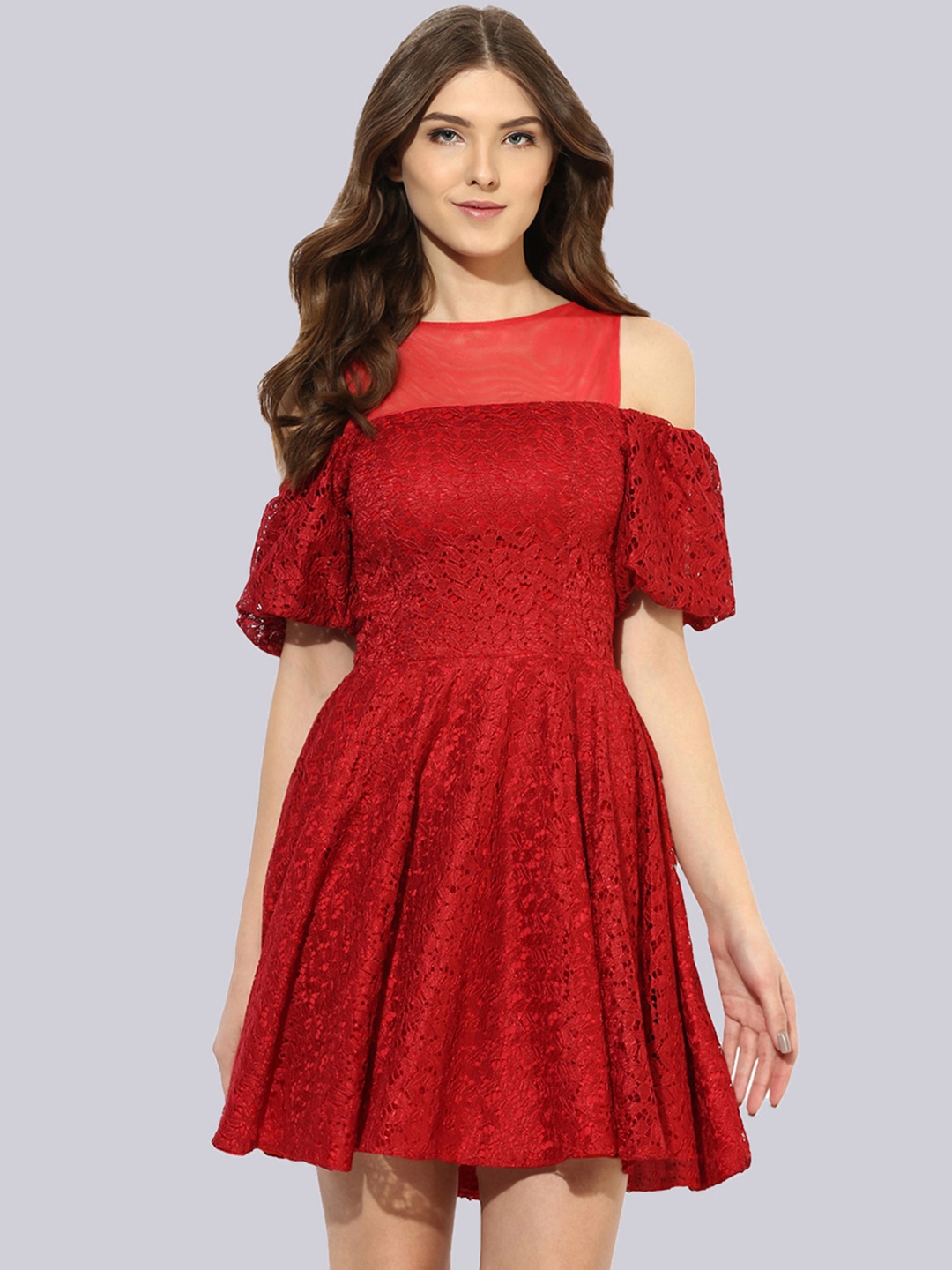 

KLEIO Self Design Cold-Shoulder Sleeves Above Knee Fit & Flare Dress, Red