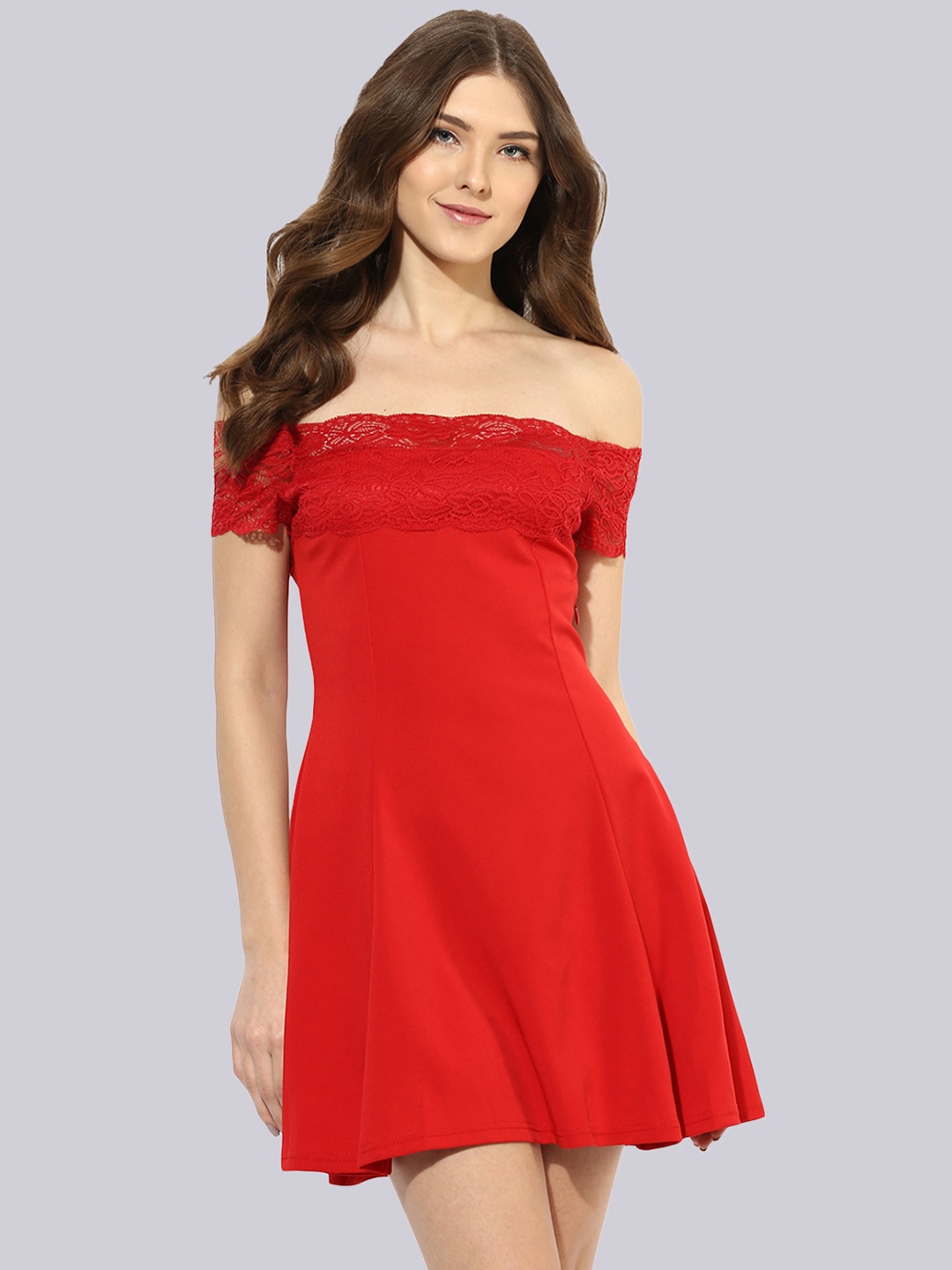 

KLEIO Off-Shoulder Lace Inserted A-Line Mini Dress, Red