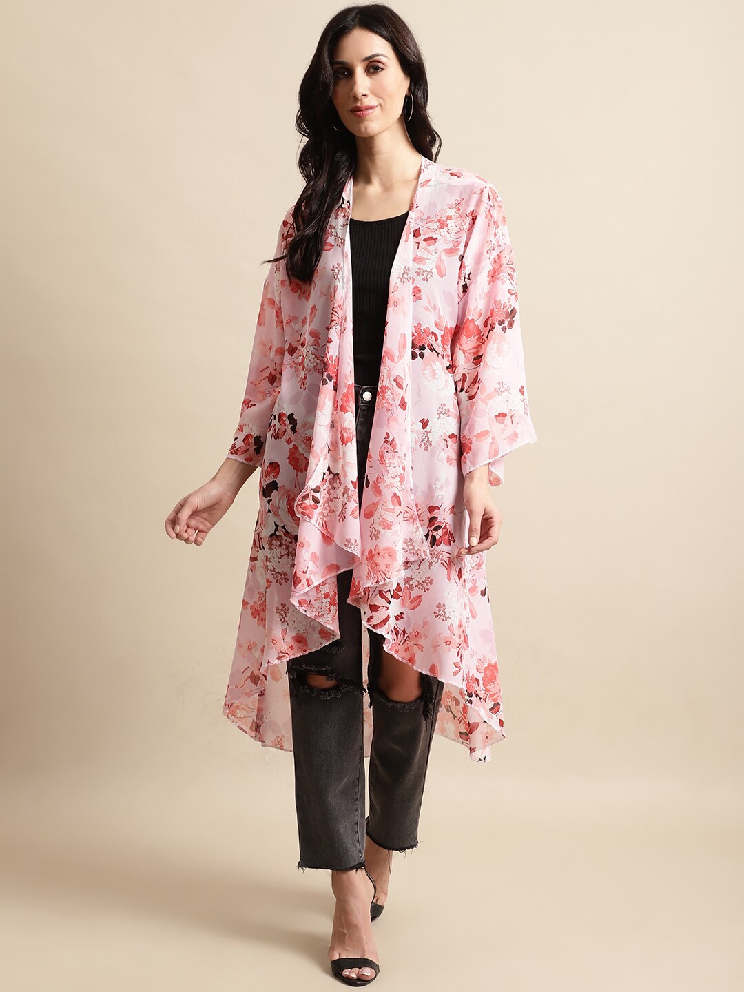 

UnaOne Women Floral Printed Longline Open Front Shrug, Pink