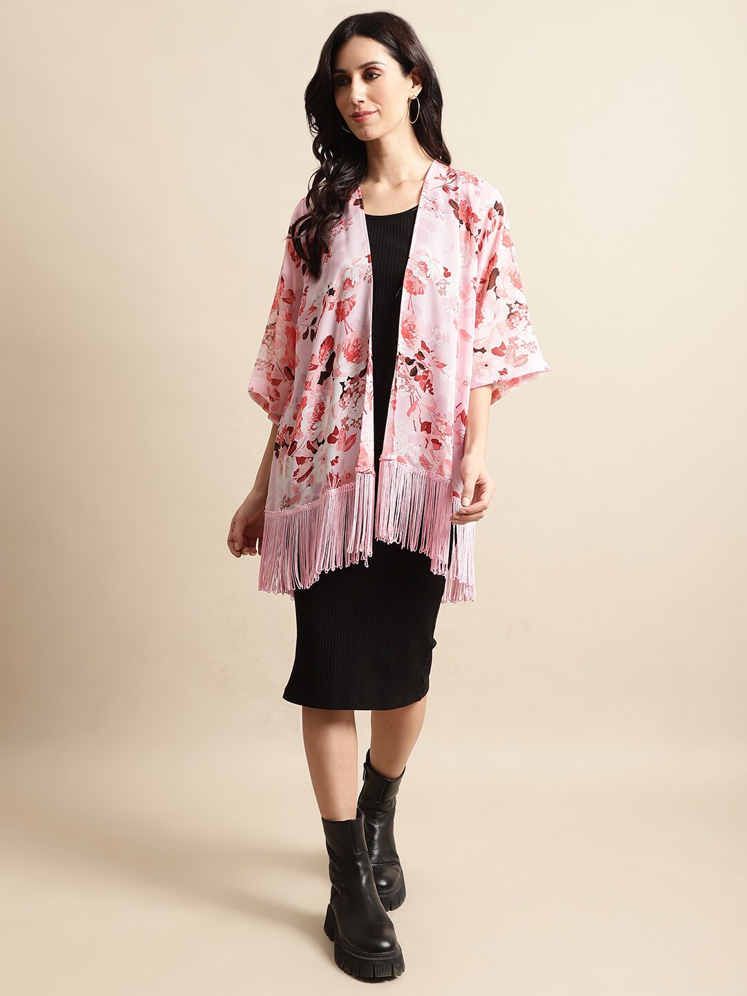 

UnaOne Women Floral Printed Longline Open Front Shrug, Pink