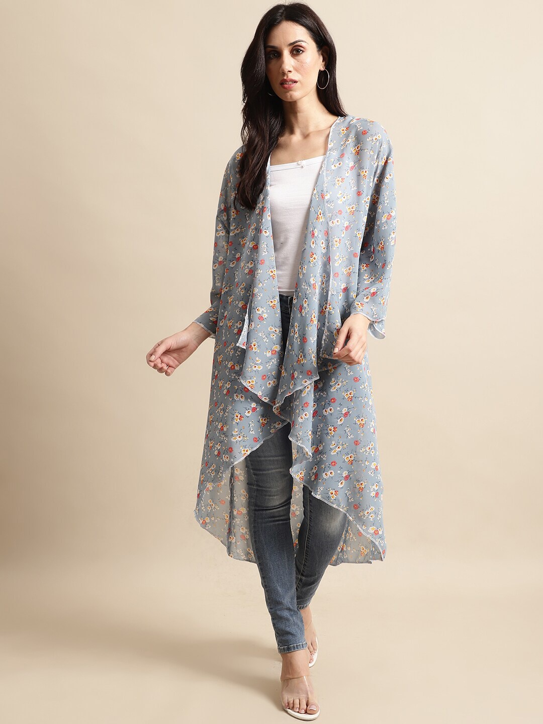 

UnaOne Women Floral Printed Longline Open Front Shrug, Blue