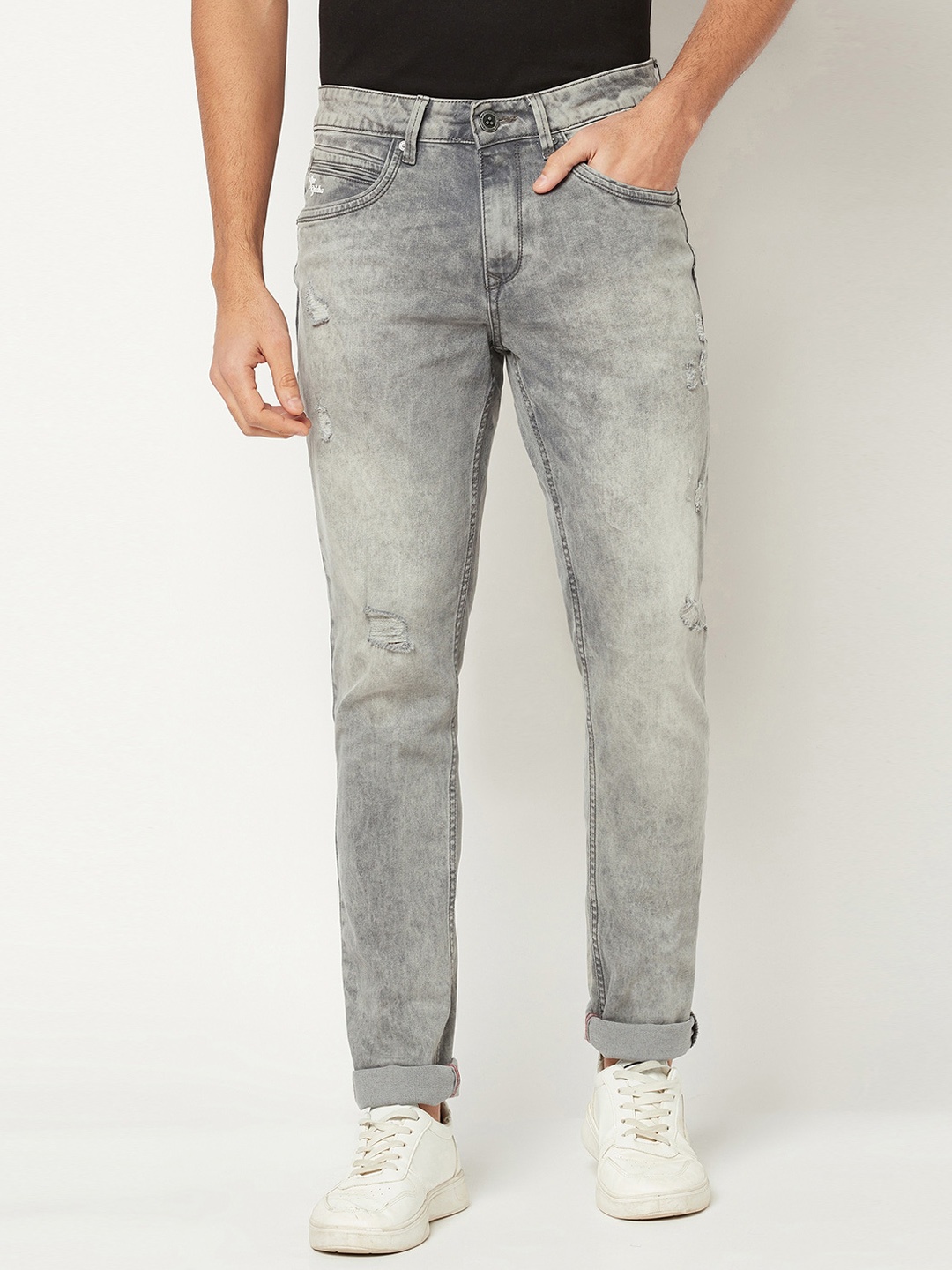 

Blue Buddha Men Skinny Fit Pure Cotton Mildly Distressed Jeans, Grey
