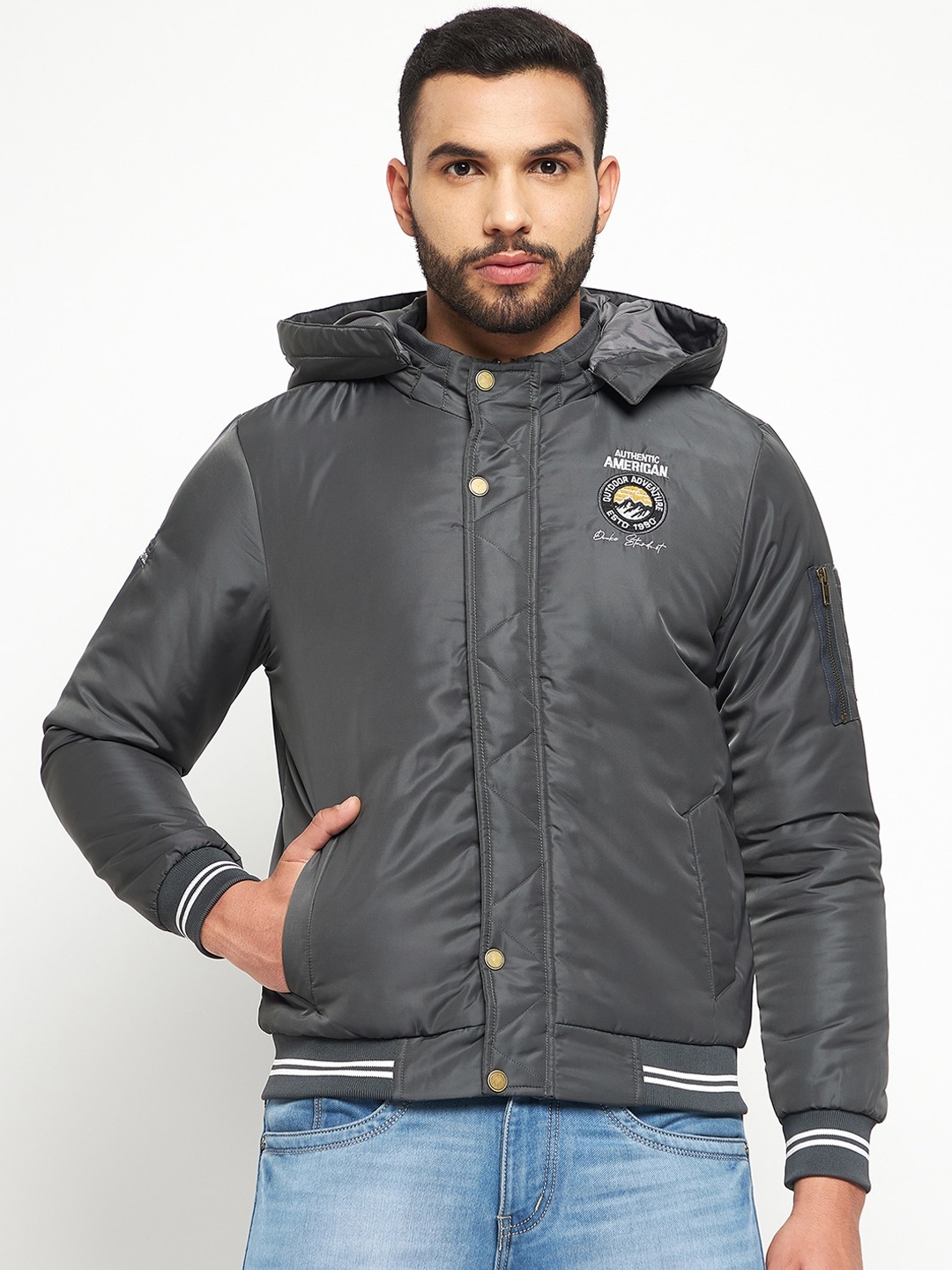 

Duke Men Hooded Bomber Jacket, Grey