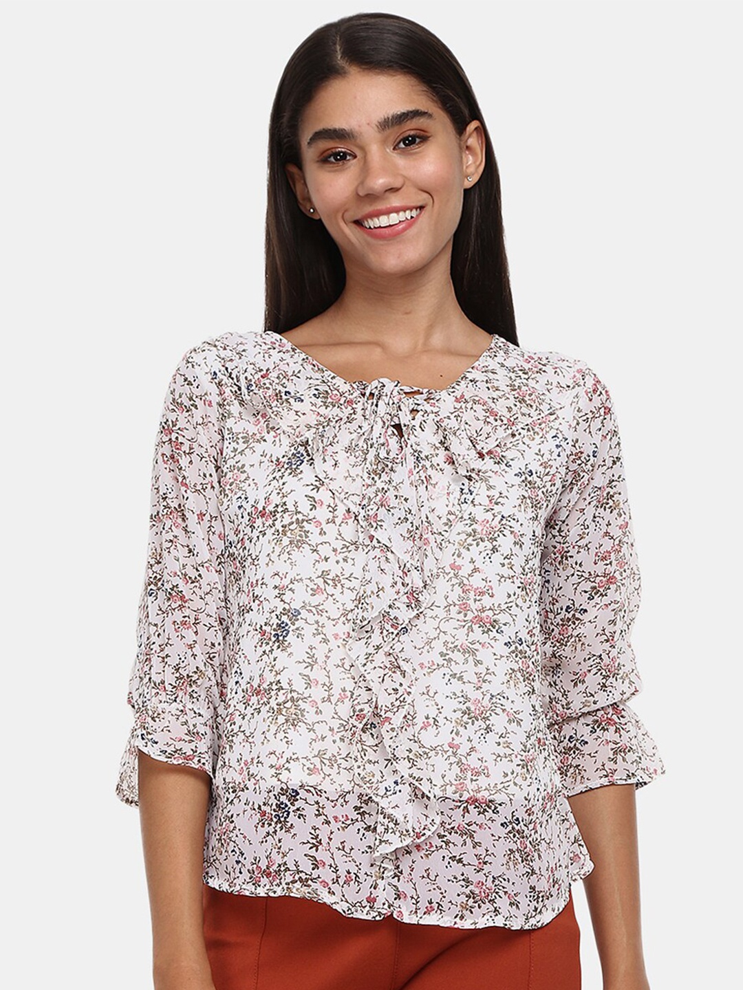 

V-Mart Floral Print Tie-Up Neck Cotton Top, White