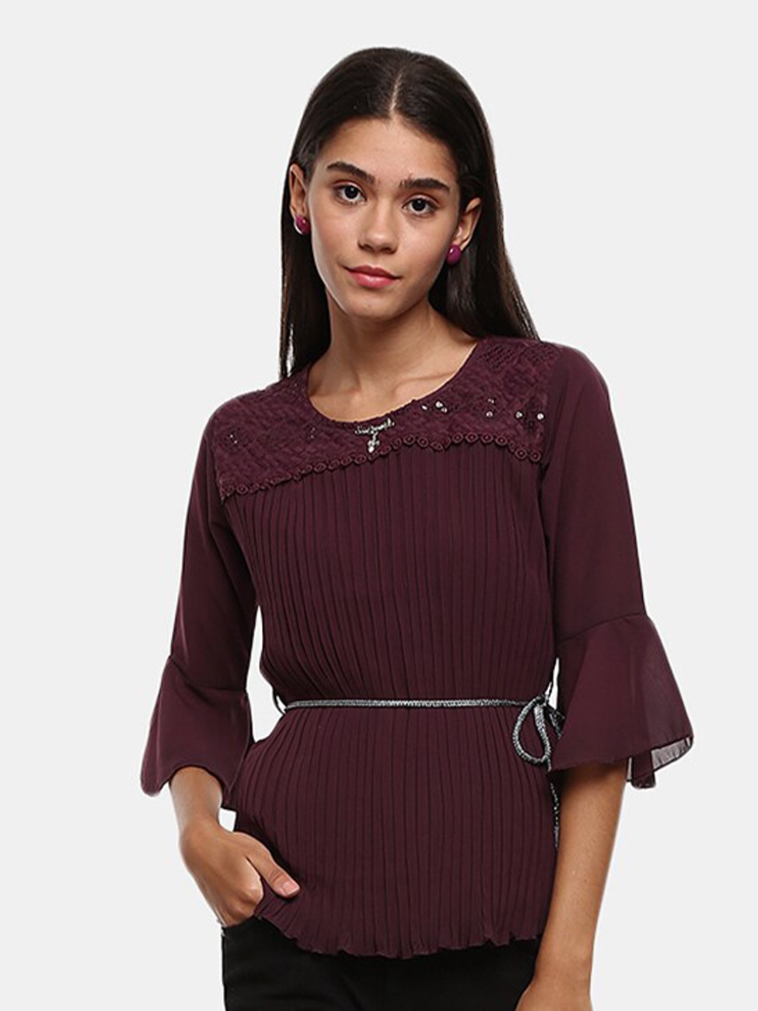 

V-Mart Self Design Round Neck Top, Burgundy