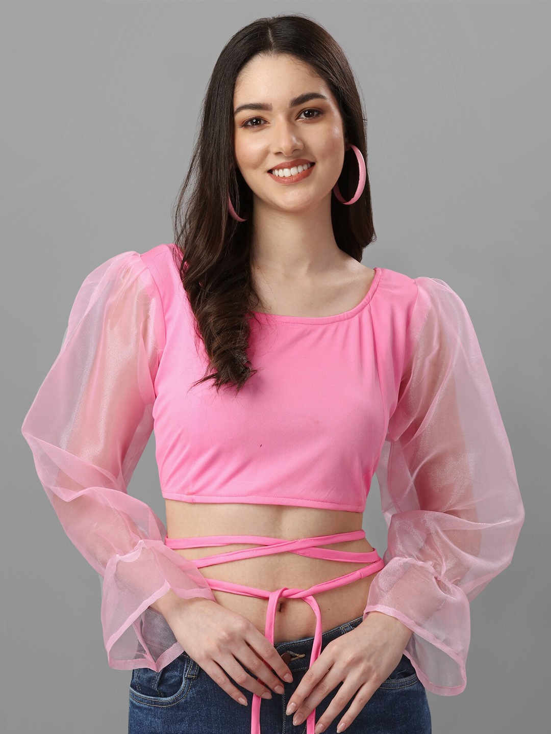 

Urban Luxe Puff Sleeves Waist Tie Ups Crop Top, Pink