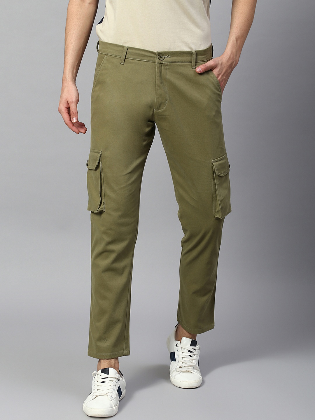 

Dennis Lingo Men Tapered Fit Cargos Cotton Trousers, Olive