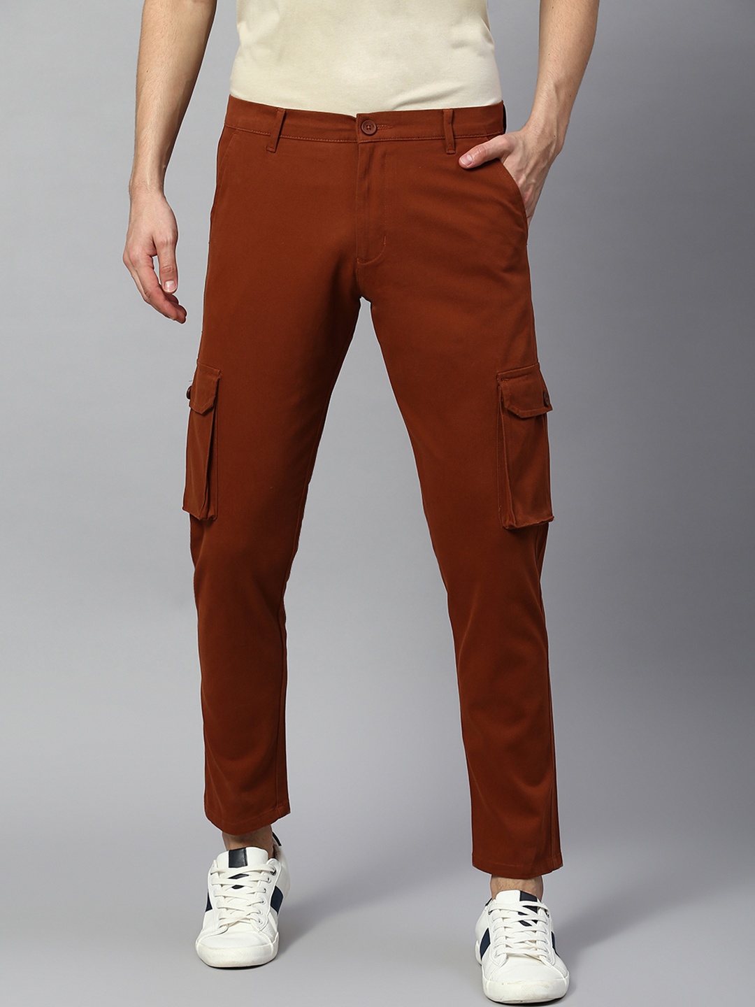 

Dennis Lingo Men Cotton Tapered Fit Cargos Trousers, Rust