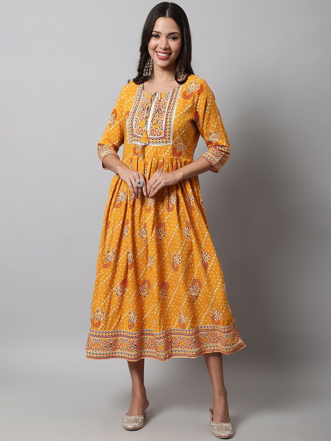 

KALINI Ethnic Printed Midi Fit & Flare Ethnic Dress, Mustard