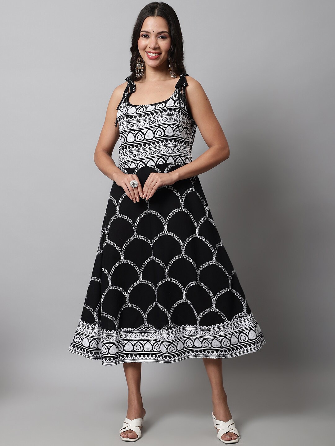 

KALINI Ethnic Printed Midi Fit & Flare Ethnic Dress, Black