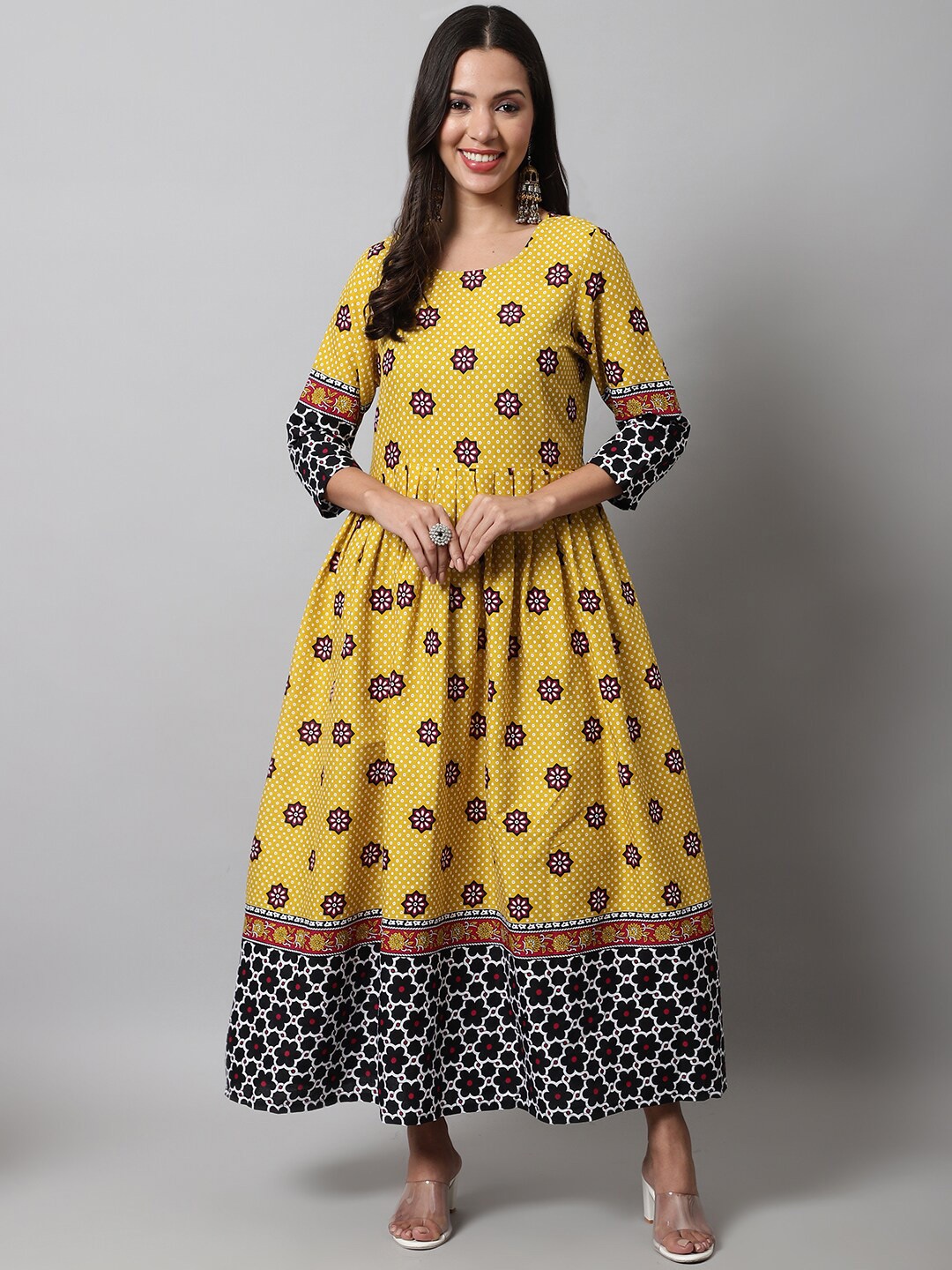 

KALINI Mustard Yellow Ethnic Motifs Maxi Dress