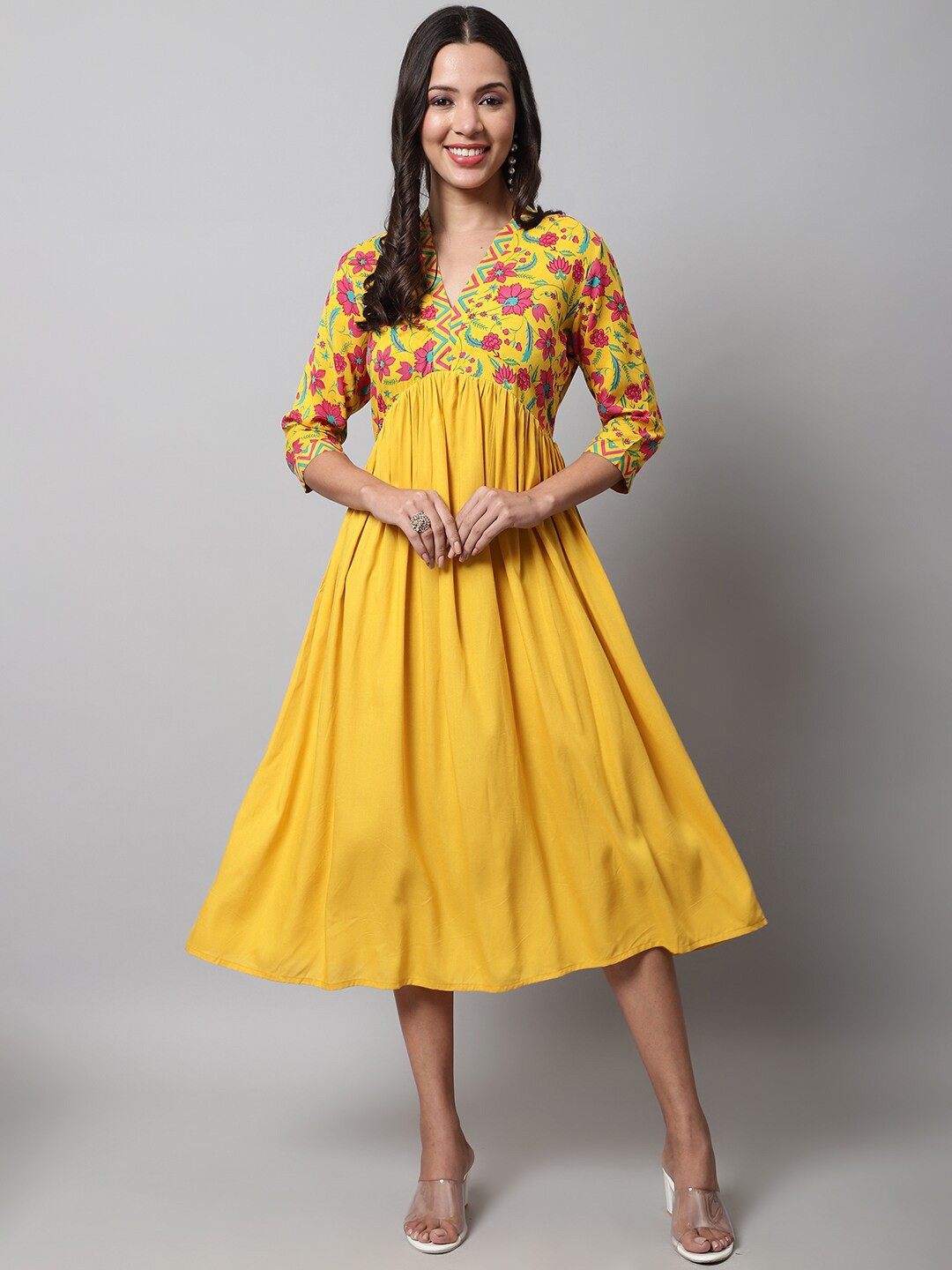 

KALINI Yellow Floral Empire Midi Dress