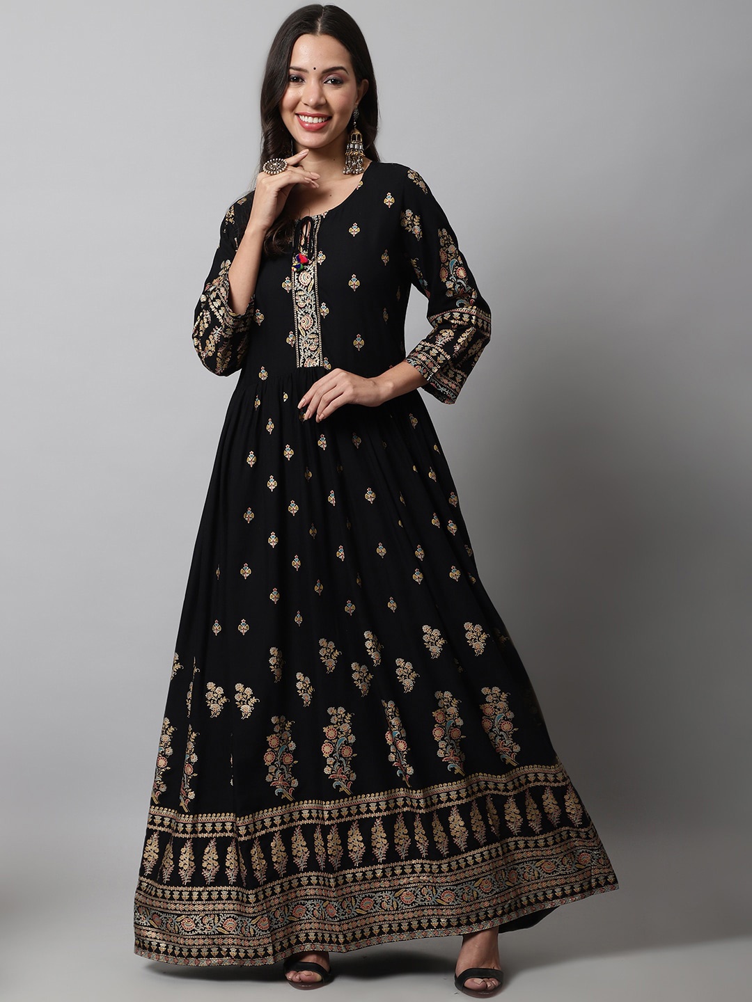 

KALINI Ethnic Motifs Printed Maxi Dress, Black