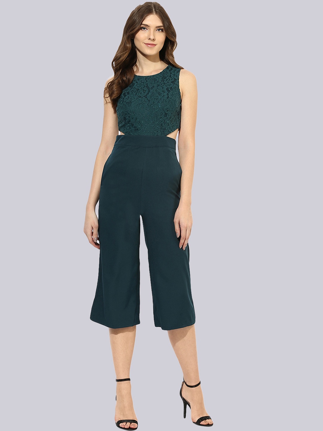 

KLEIO Women Cut-Out Basic Jumpsuit with Lace Inserts, Green